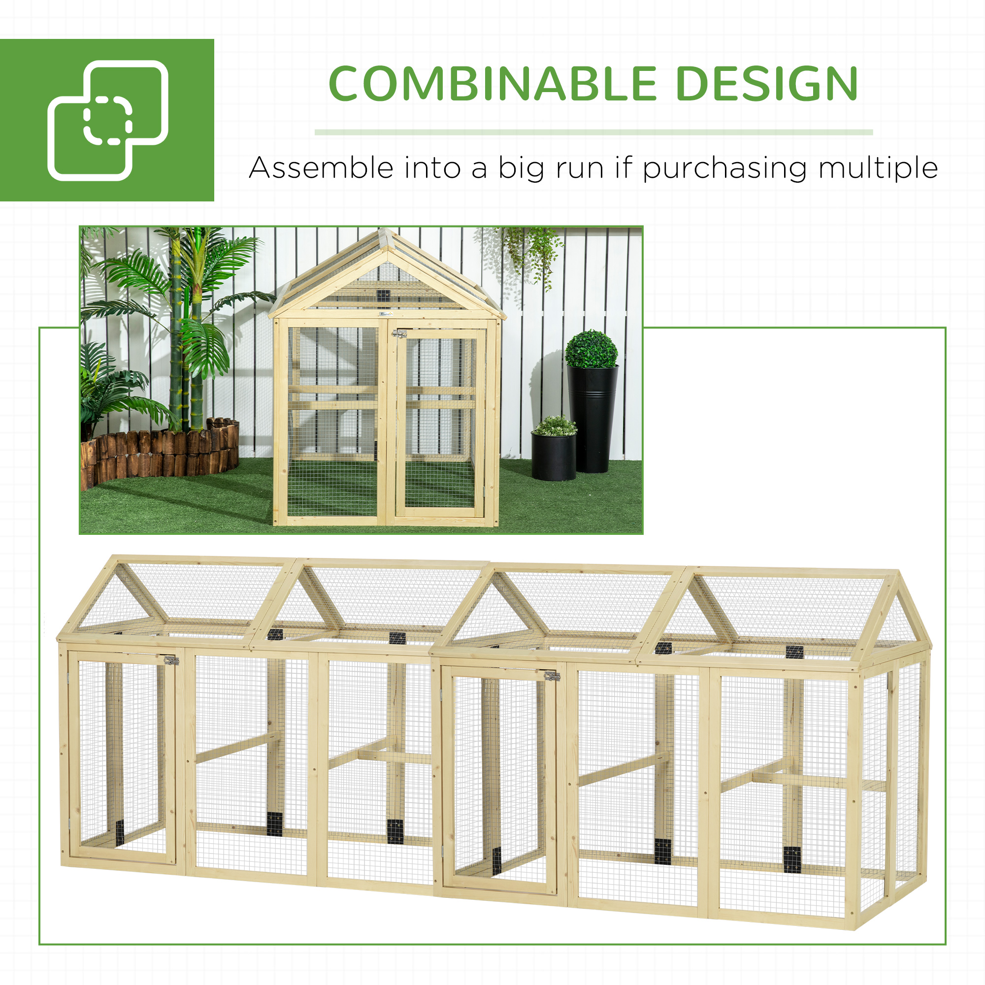 PawHut Chicken Run, Wooden Large Chicken Coop, Combinable Design With Perches & Doors For Outdoor, Backyard, Farm, 4.6' X 2.8', Nature Wood — imagen 3