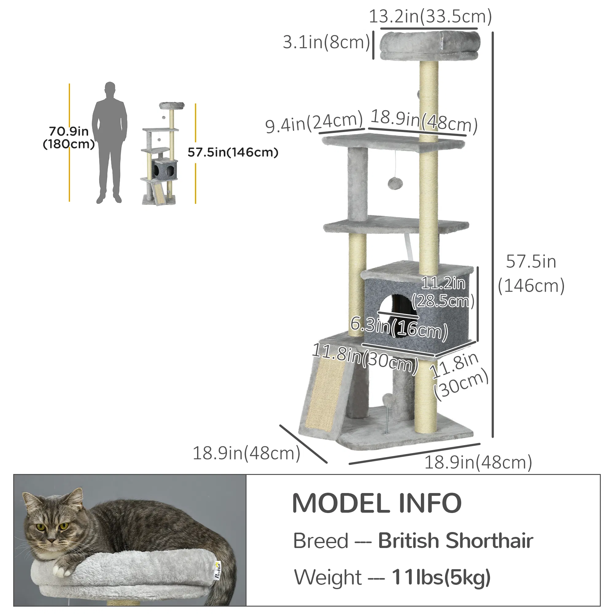 57.5" Cat Tree with Scratching Posts, Large Cat Tower for Indoor Cats with Bed, House, Toys, Grey — image 5
