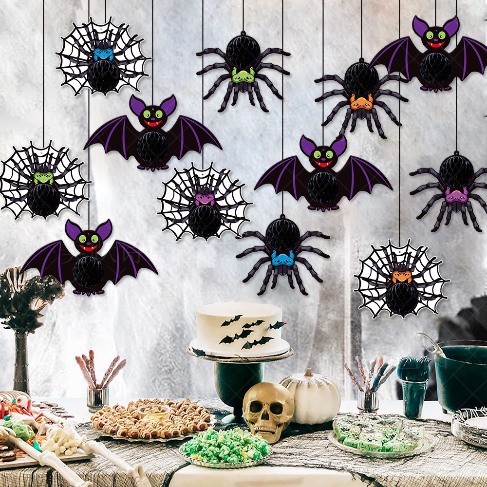 Halloween Decorative Hanging Ornament Spider Bat Honeycomb Ball Pendant 3D Spider Honeycomb Decoration — image 3