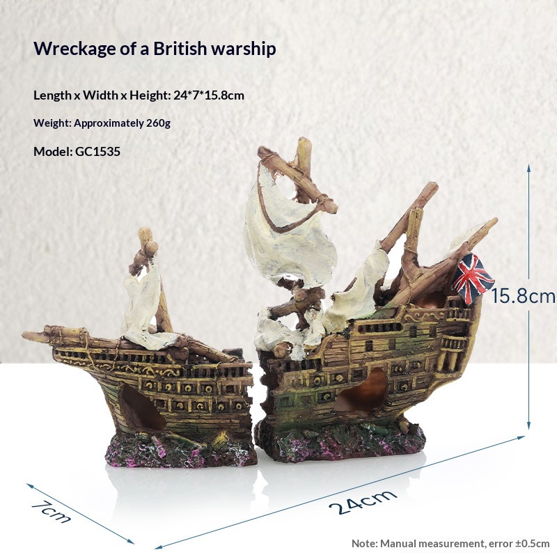 Barco Pirata Decoración para Acuario Paisaje de Barco Hundido Oruga Resina — imagen 5