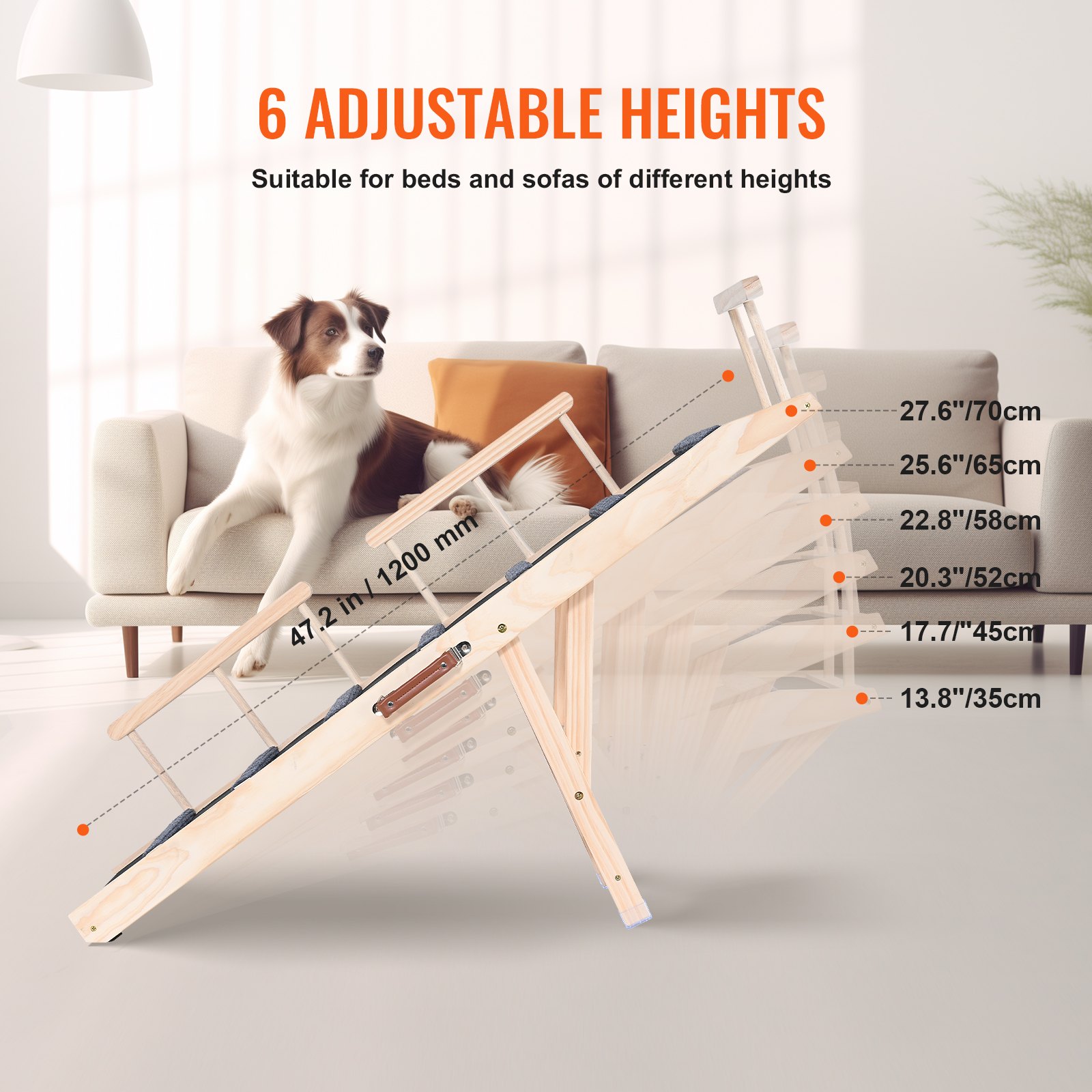 Dog Ramp, Folding Pet Ramp For Bed, Adjustable Dog Ramp For Small, Large, Old Dogs & Cats, Wooden Pet Ramp With 47.2' Long Ramp, Adjustable From 13.8' To 27.6', Suitable For Couch, Sofa, Car — imagen 5