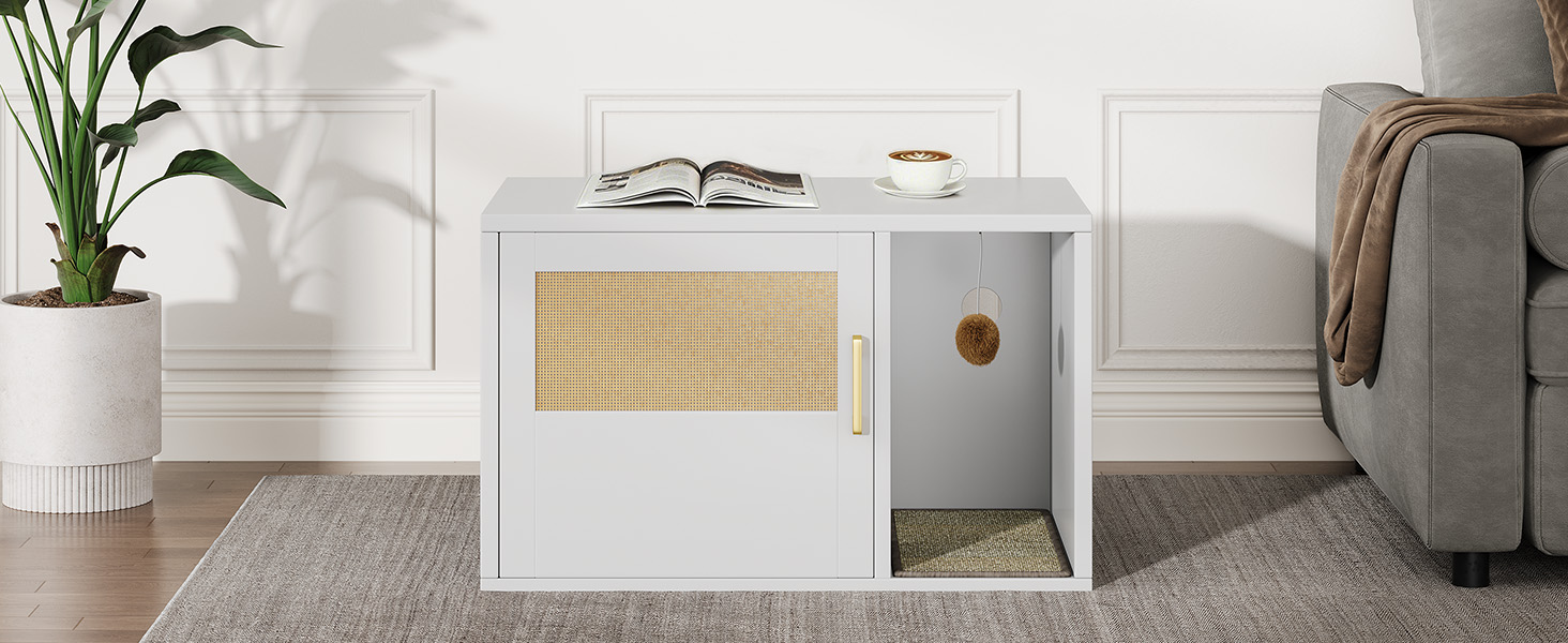 Caja de Limpieza para Gatos Multifuncional de Diseño Blanco Moderno Casa para Gatos con Lavabo y Mesa de Sílabo para Dormitorio y Salón — imagen 27