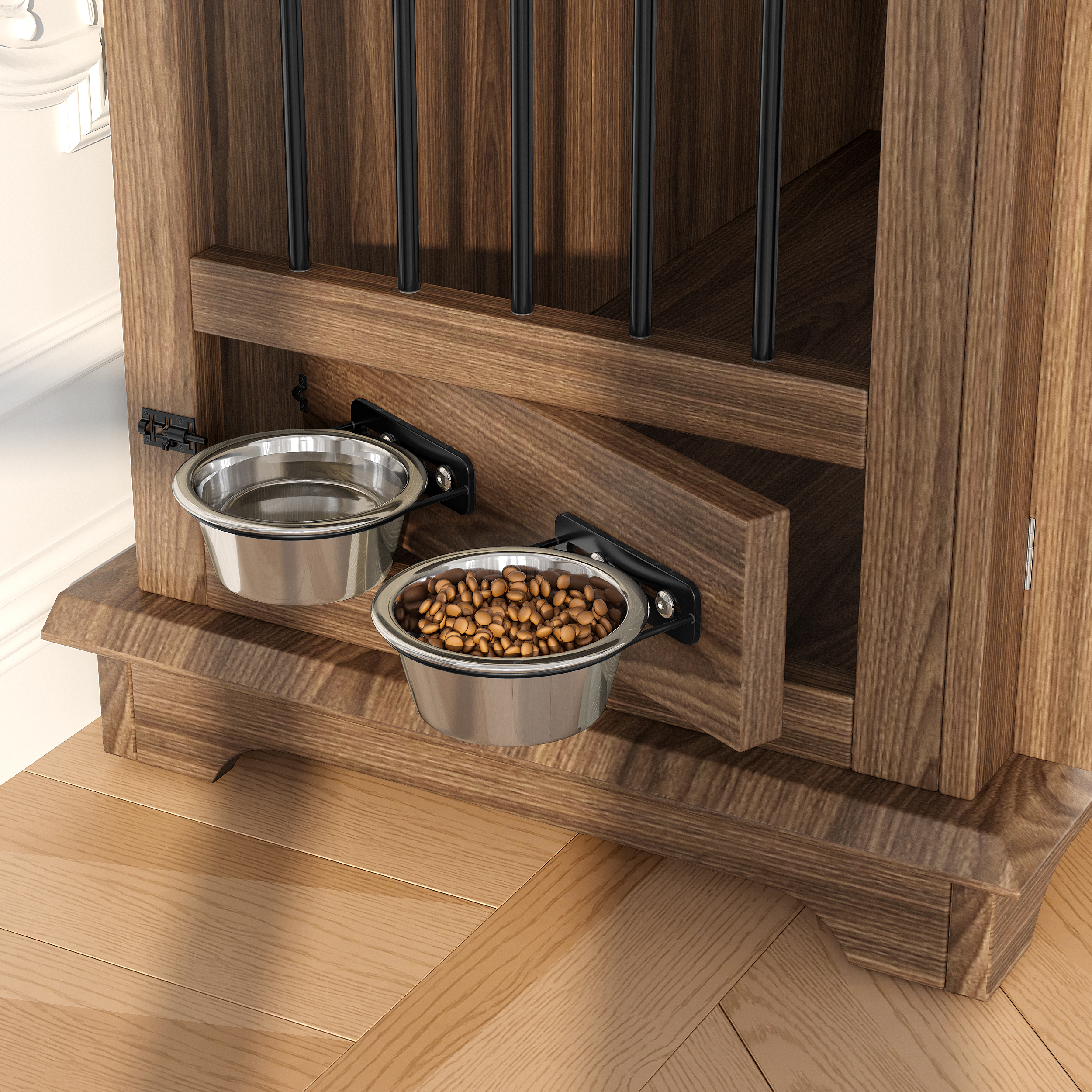 44.48 Large Dog Crate Furniture, Indoor Wooden Dog Kennel End Table With 2 Storage Drawers And Rotating Bowls, Decorative Pet Cage Dog House For Medium Dogs, Brown — image 2
