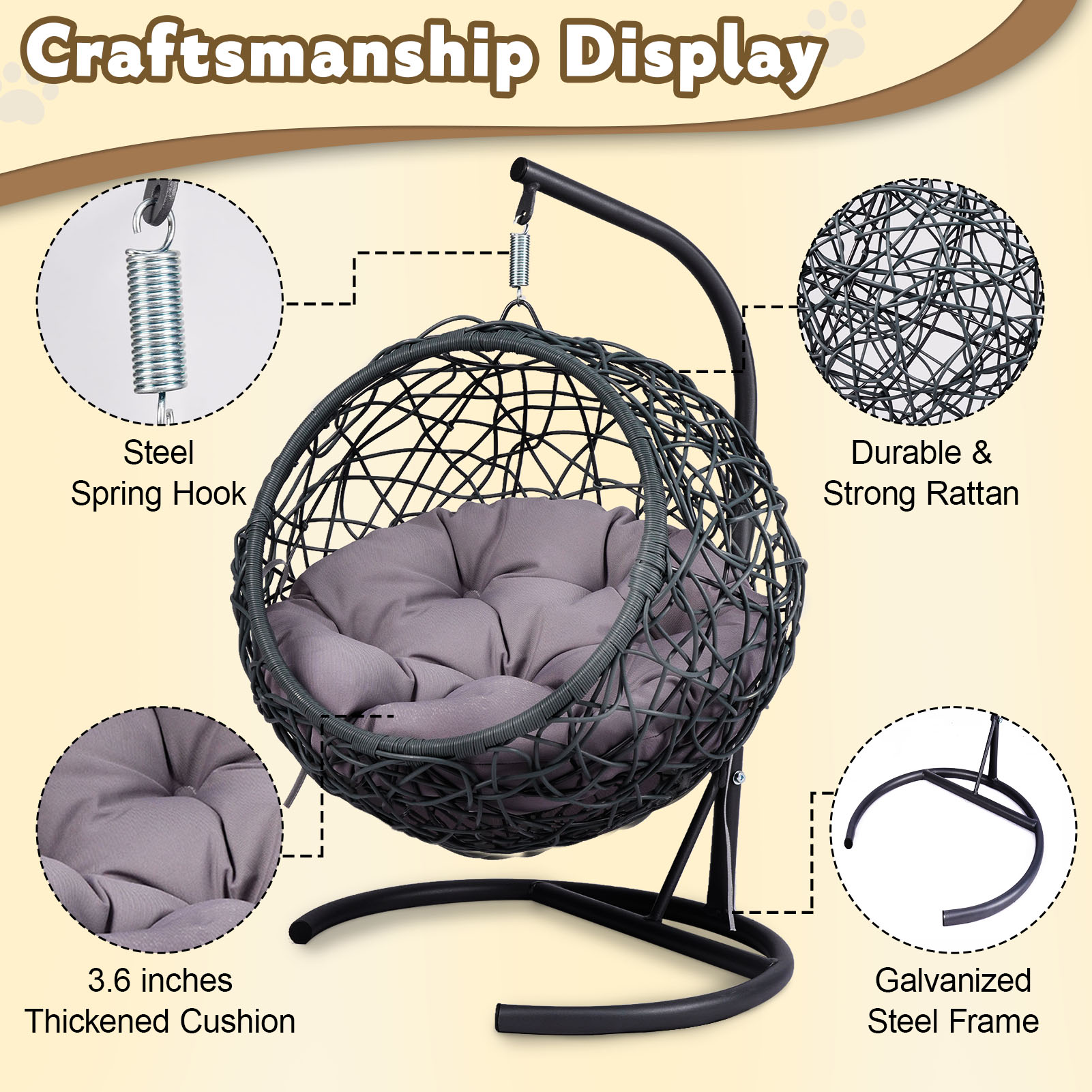 Cama de Colgar para Gatos con Soporte y Almohada, Silla de Huevo en Madera de Caña con Apariencia de Rattán, para Gatos, Pequeños Perros y Animales Pequeños. Gris. — imagen 4