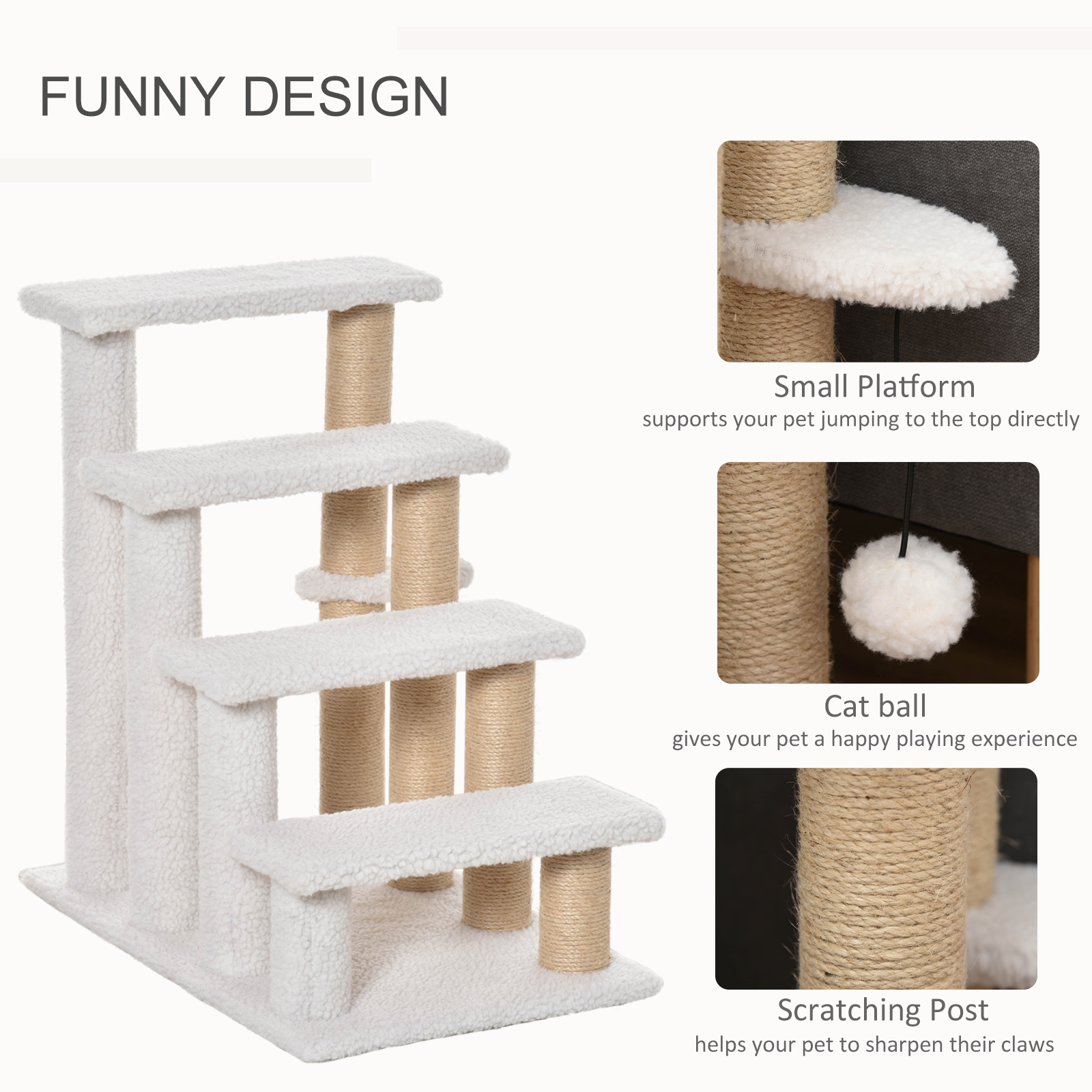 Escalones para Gatos de 4 Niveles con Postes Rascadores para Cama Alta, Sofá, Blanco — imagen 4