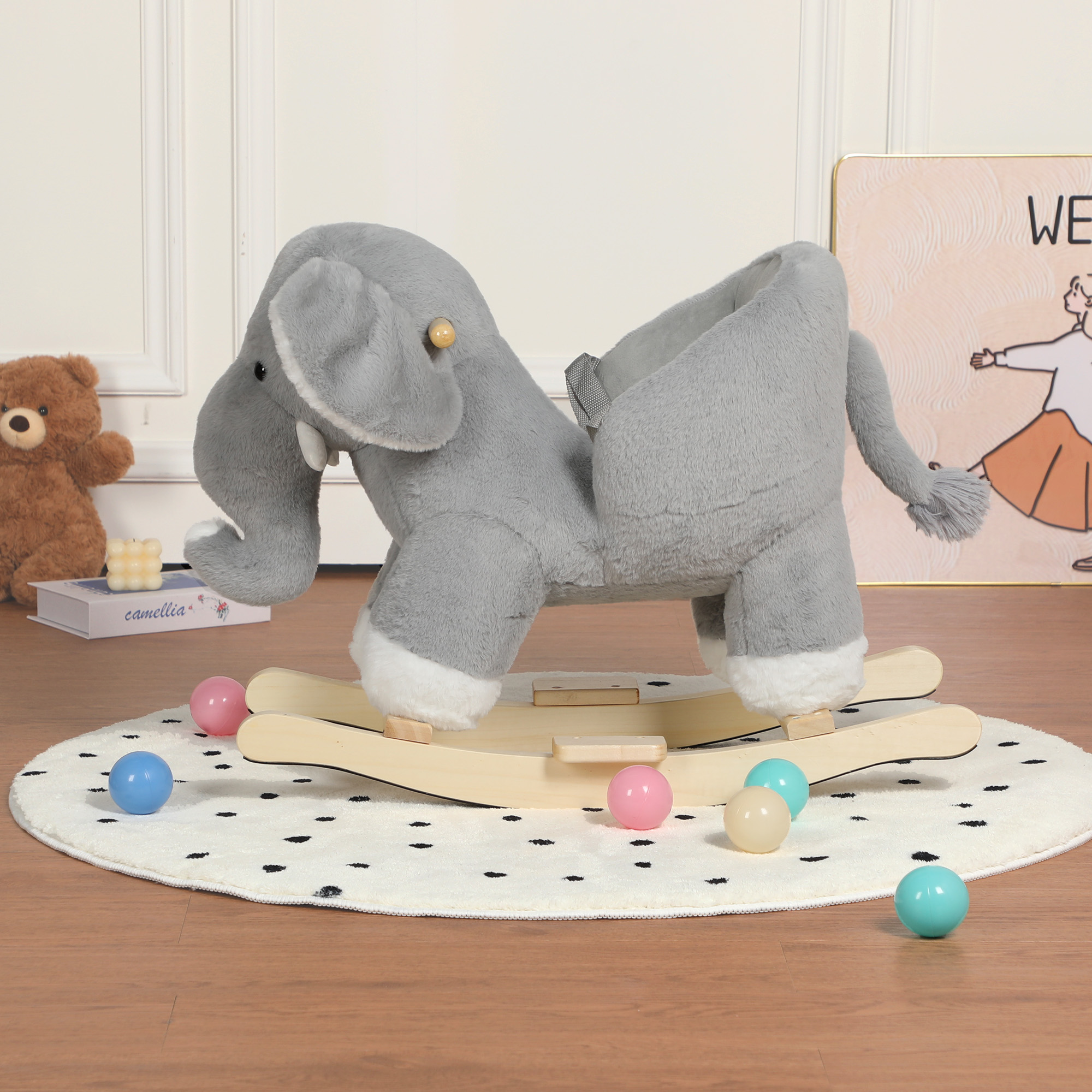 Kids Ride-On Rocking Horse Toy With Elephant Sounds, Elephant Rocking Toy With Hand Puppets And Safety Belt For Children 1-3 Years, Soft Plush Fabric, Grey, CPC Certified — image 3