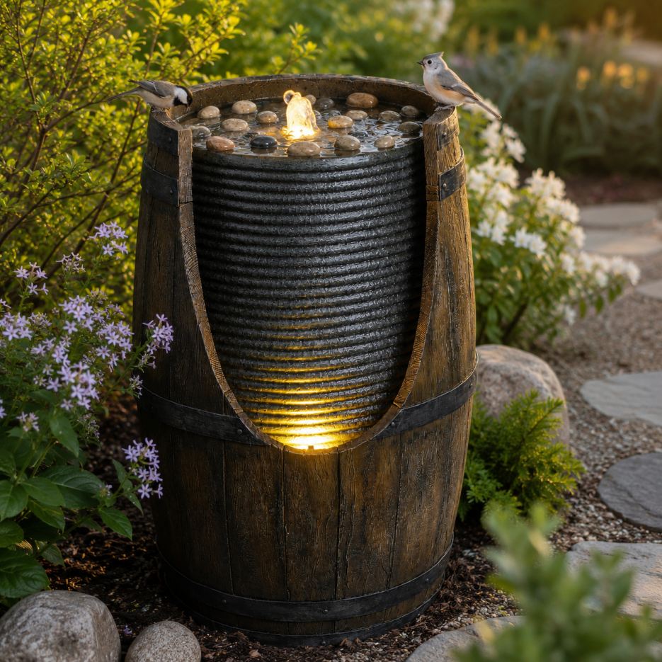 Fuente de Agua para Jardín con Bebedero para Pájaros, Barril Rustico con Luces LED y Bomba, Característica de Madera Falsa en Resina para Patio, Jardín o Porche — imagen 1