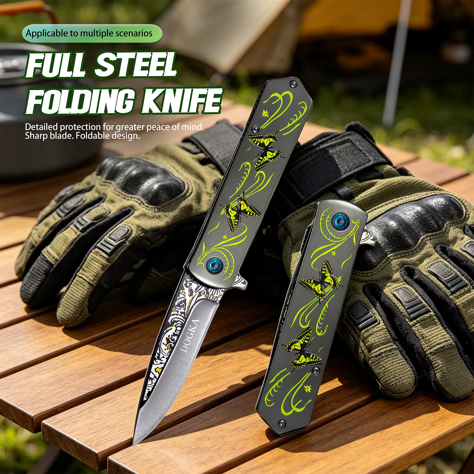 This DOGKA Folding Pocket Knife Features a Unique Butterfly Pattern Handle, Decorative Blade Detail, and Compact Folding Design. It Combines a Stylish Look with Practical Outdoor Utility, Making It Suitable for Camping, Hiking, Fishing, Travel — image 3