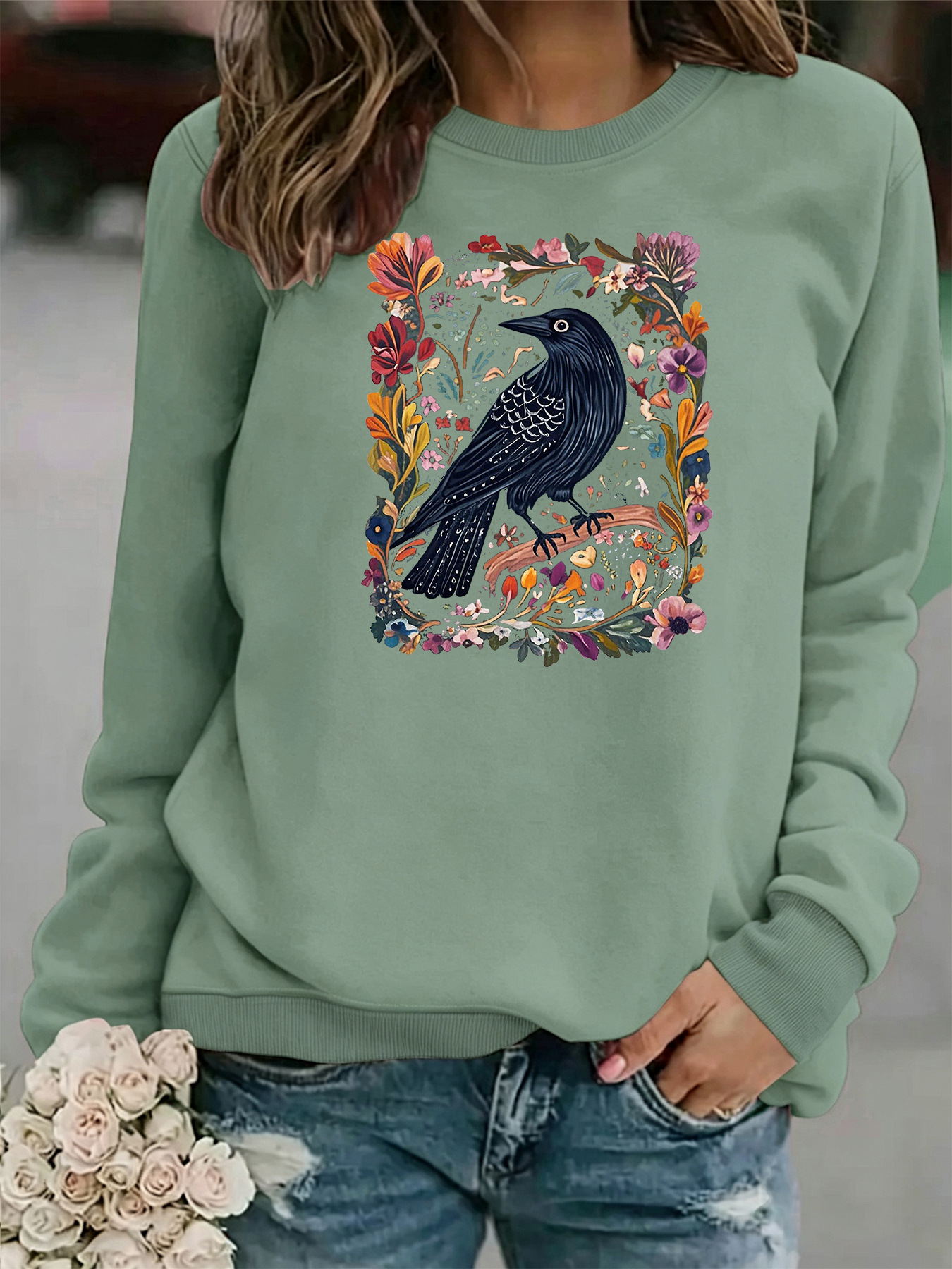 Crow print round neck fleece hoodie — image 9