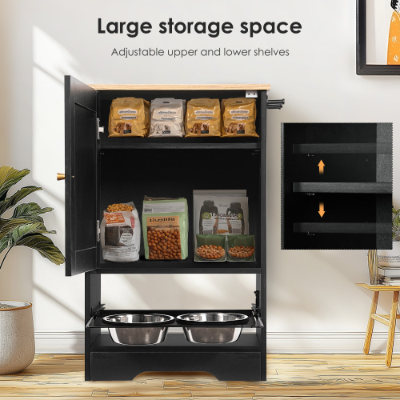 Estación de Alimentación con 1 Cajas de Almacenamiento, Estación para Mascotas con 2 Tazas Elevadas para Perros, Broches Lados, Kit Anti-derrumbe, Estación Oculta para Alimentar y Rellenar Agua, Negro — imagen 3