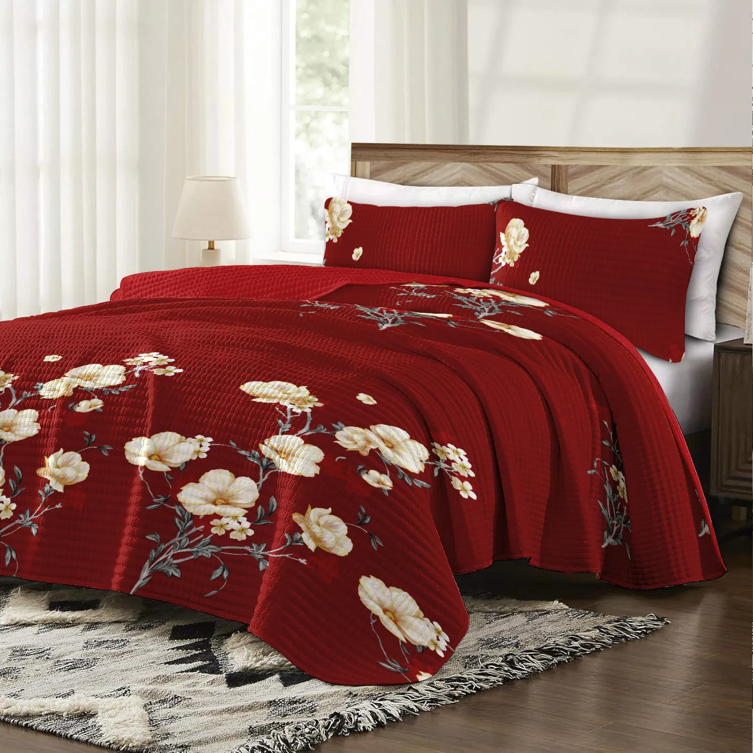 9-Piece Burgundy Red Floral Bedding & Curtain Combo Set, Elegant Wine Red Quilted Bedspread with 6 Light Filtering Window Panels & 2 Shams, Easy Care Microfiber Coverlet, Pet Friendly — image 3