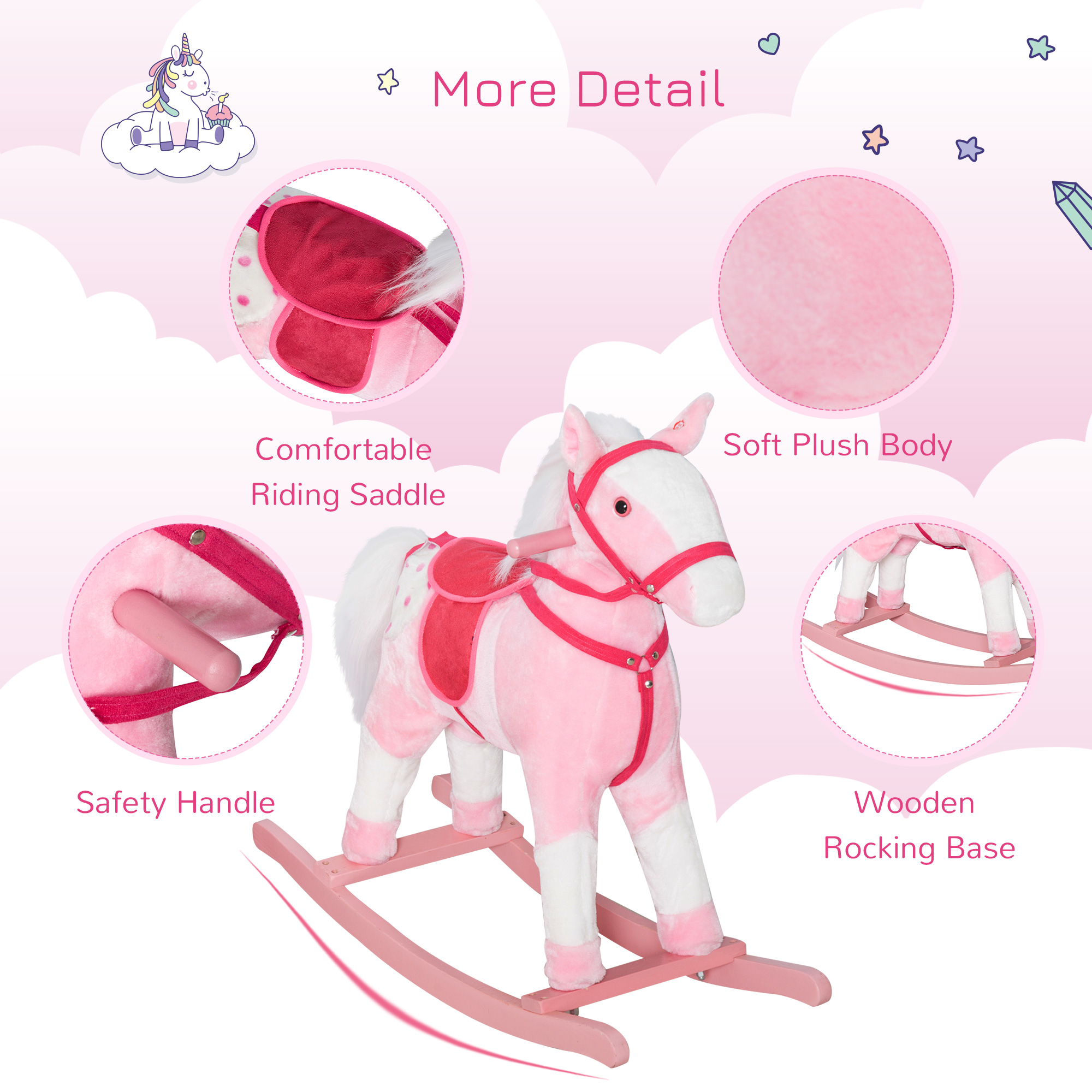 Kids Plush Toy Rocking Horse Pony Toddler Ride on Animal Rocker with Realistic Sounds, Birthday Gifts for Girls, Pink — image 6