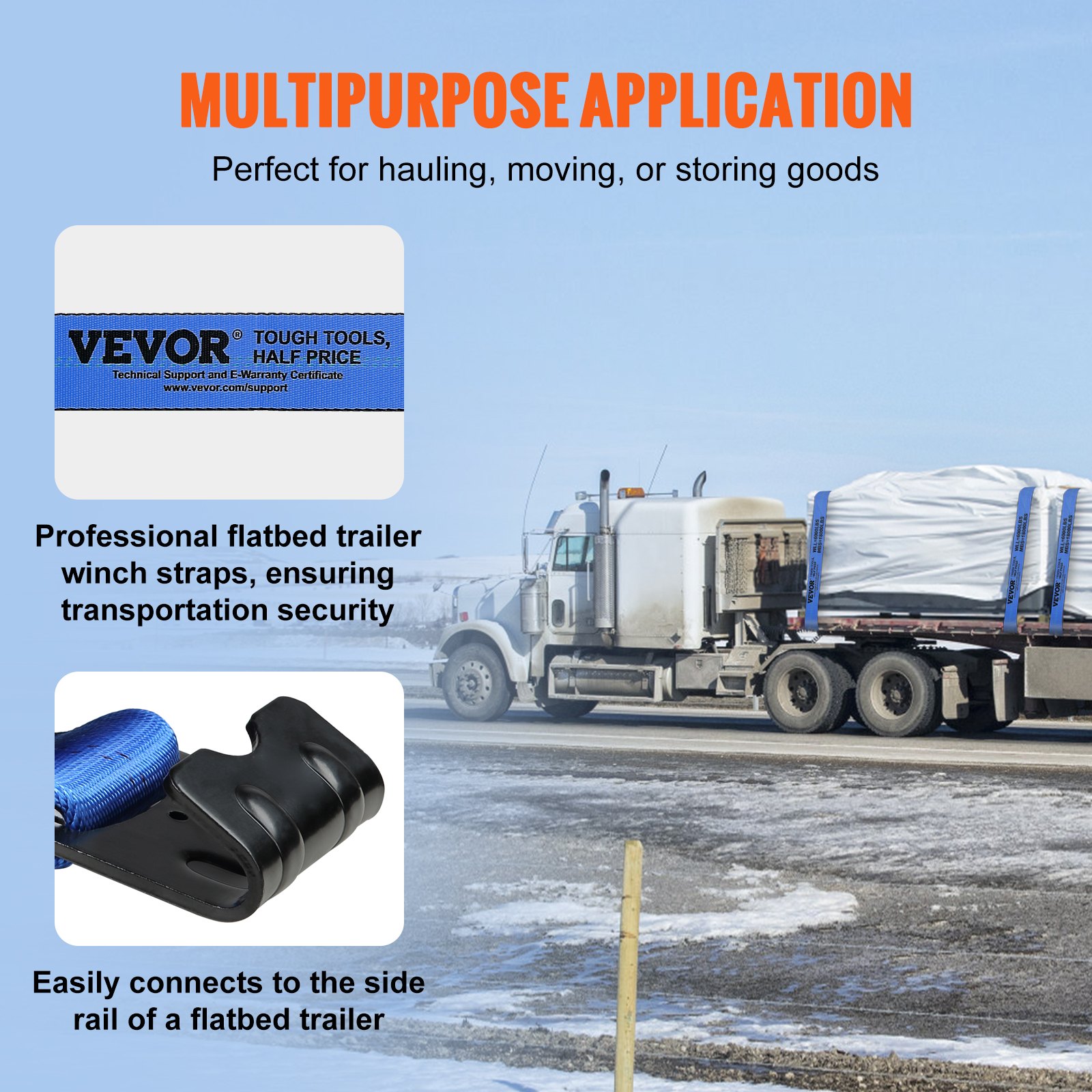 Winch Straps, 4 X 30 6000 Lbs Load Capacity, 18000 Lbs Breaking Strength, Truck Straps With Flat Hook, Flatbed Tie Downs Cargo Control For Trailers, Farms, Rescues, Tree Saver, Blue — image 2