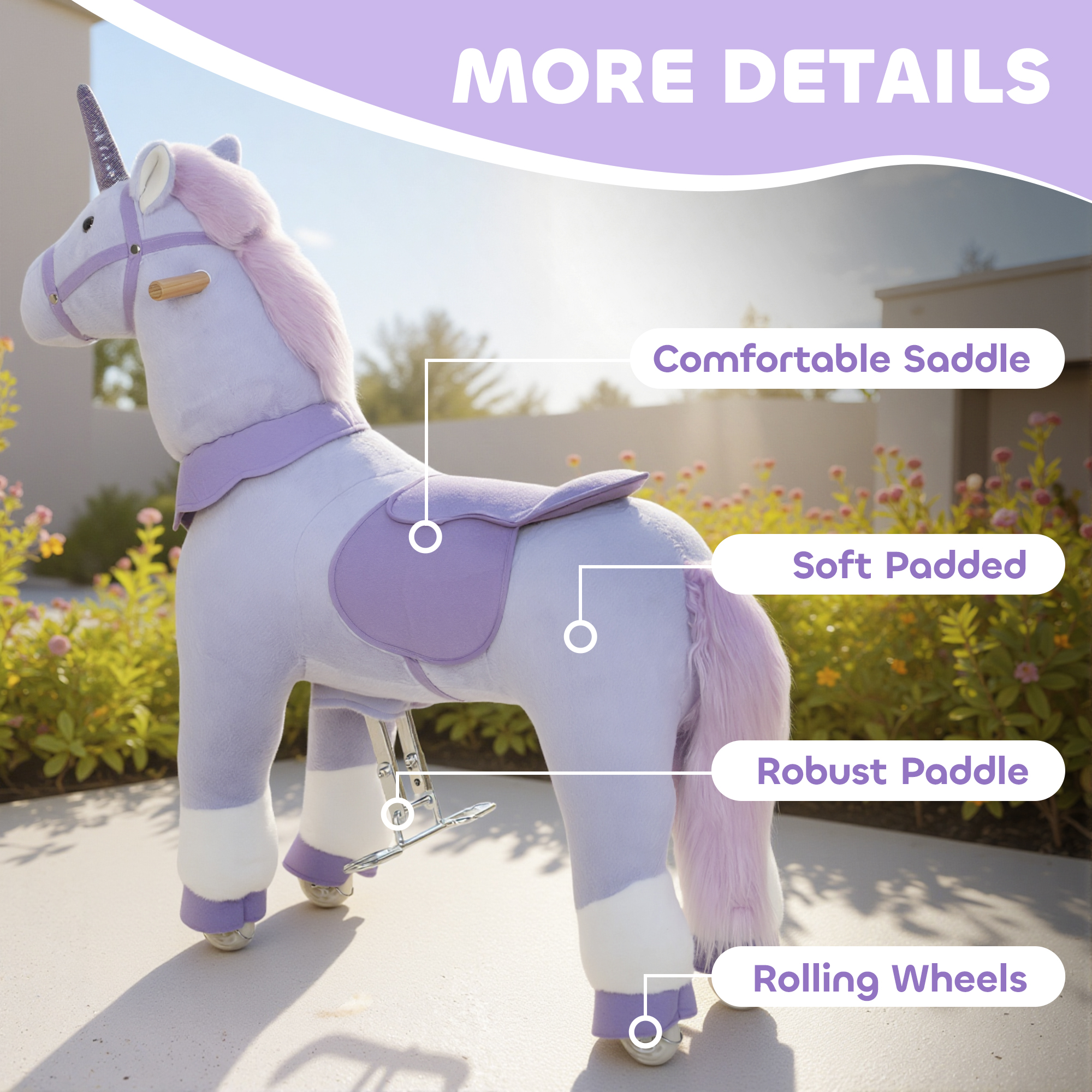 Ride on Unicorn Toy for Kids 4-7 Years, 37.8 Inch Plush Baby Rocking Horse with Wheels, No Battery Required, Purple — image 2