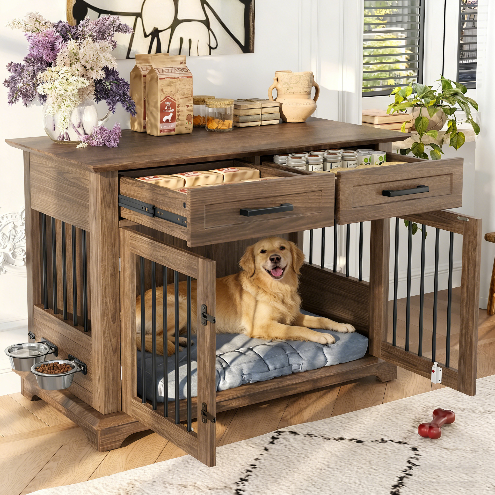 44.48 Large Dog Crate Furniture, Indoor Wooden Dog Kennel End Table With 2 Storage Drawers And Rotating Bowls, Decorative Pet Cage Dog House For Medium Dogs, Brown — image 1