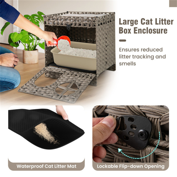 Condominio de Mimbre para Gatos de 2 Niveles con Tapete Atrapa-Arena - Mueble Ocultador de Arenero, Cojín Extraíble y Lavable, Ratán Gris — imagen 8