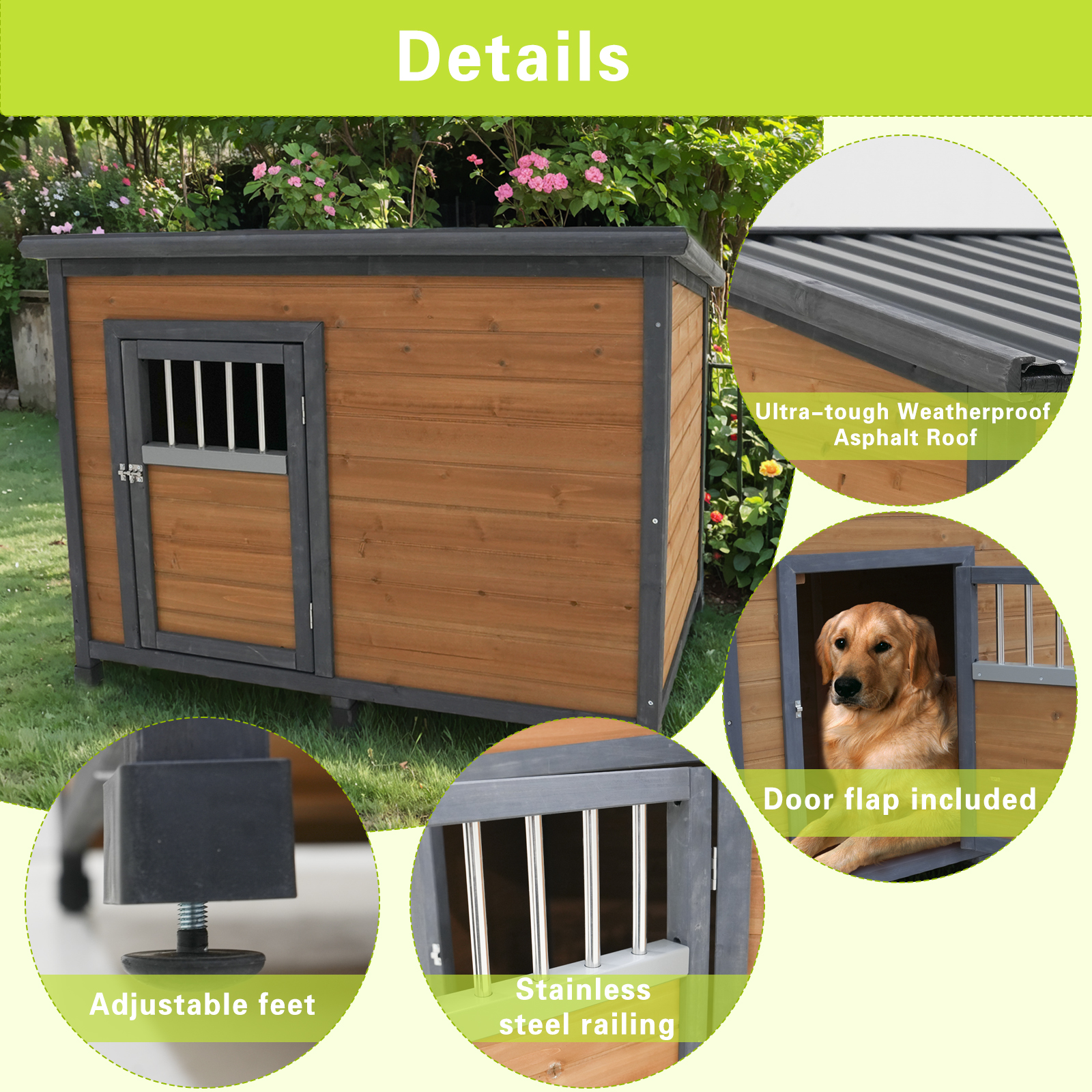Casa de perro grande en madera sólida, techo impermeable PVC, puertas de madera respirables — imagen 8