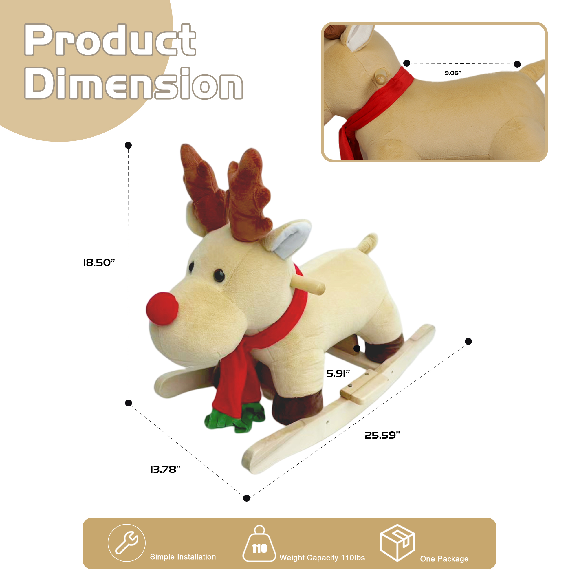 Kids Ride-On Rocking Horse Toy With Lullaby Song, Moose Rocking Toy With Hand Puppets And Safety Belt For Children 1-3 Years, Soft Plush Fabric, Apricot, CPC Certified — image 2