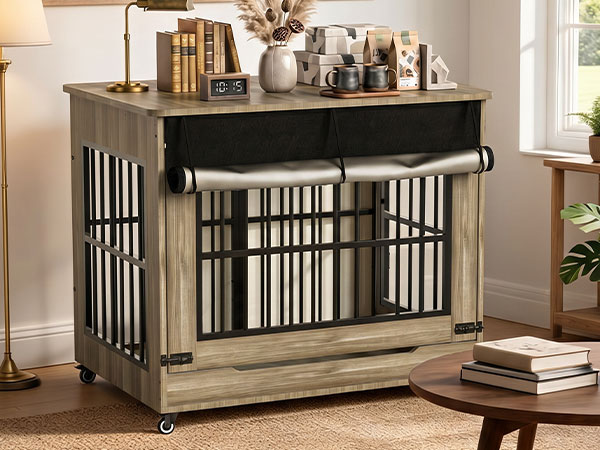 Large Dog Crate Furniture, Double Door Wooden Indoor Dog Kennel Furniture, Decorative Pet Cage End Table With Wheels For Large Breed Dogs, Size XL, Greige — image 31