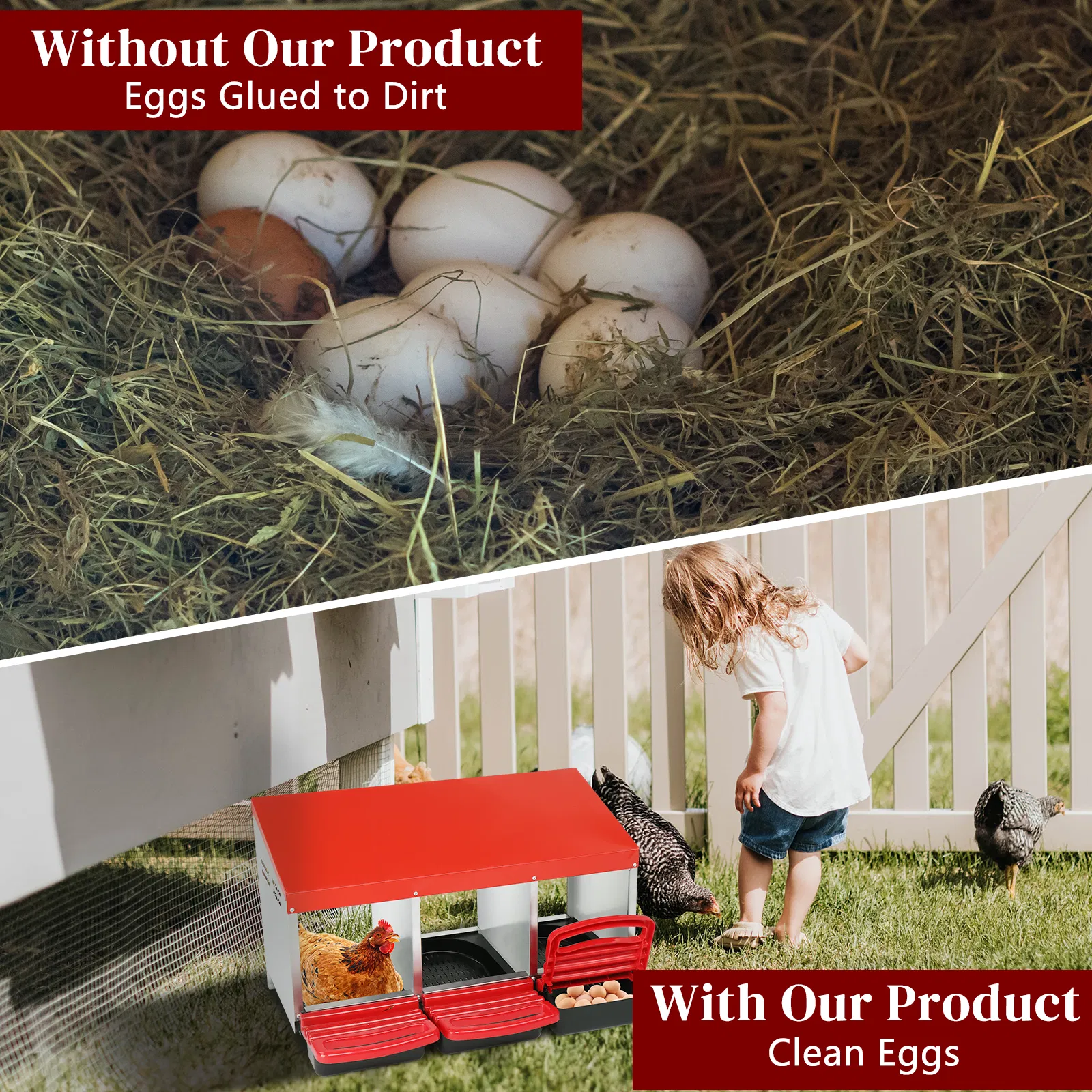 3 Compartment Roll Out Chicken Nesting Box with Plastic Basket, Egg Nest Box Chicken Laying Box Hens Chicken Coop Box, Red — imagen 1