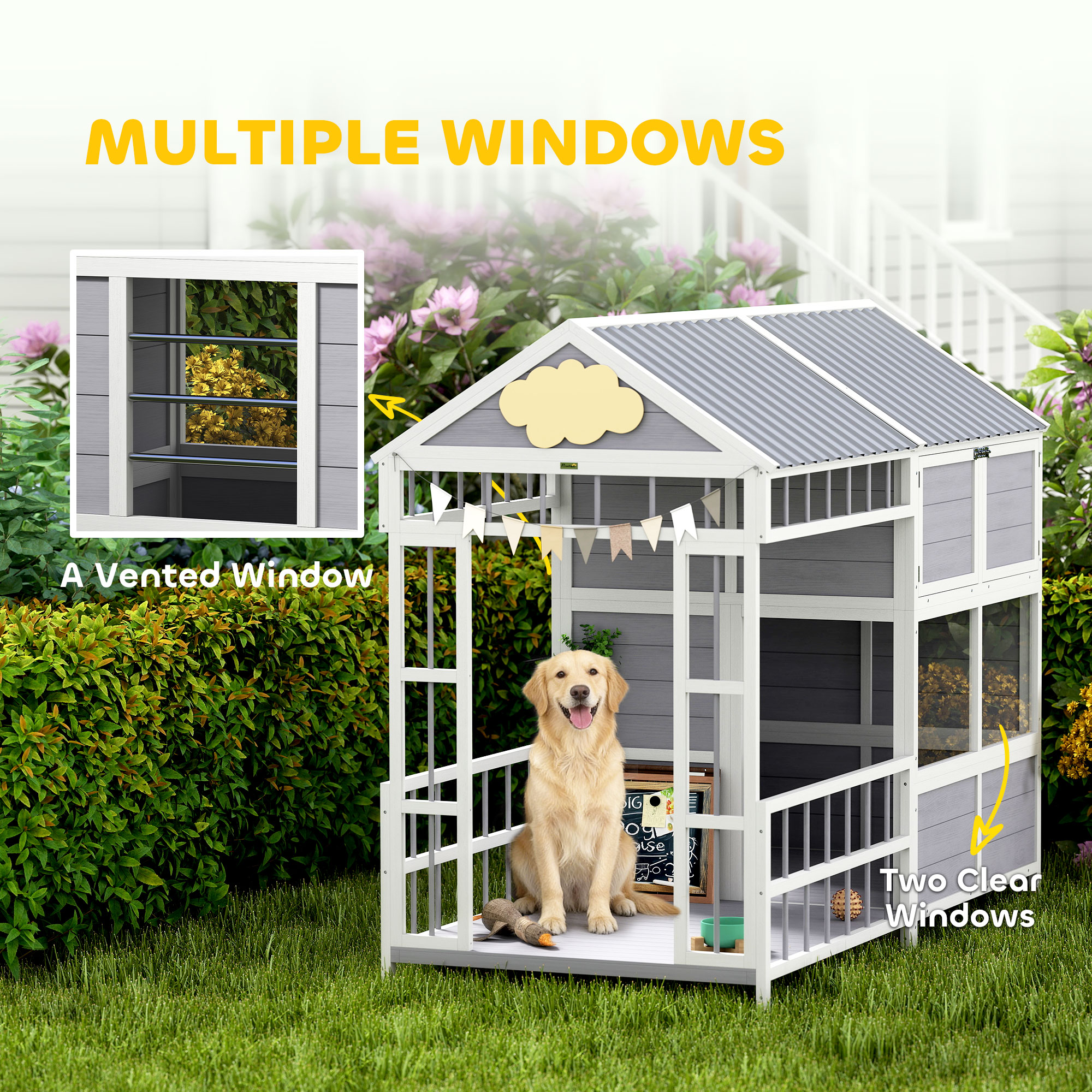 L Large Dog House Outdoor, Wooden Dog Kennel with Porch, Storage Cabinet, Weatherproof Roof, Windows — image 6