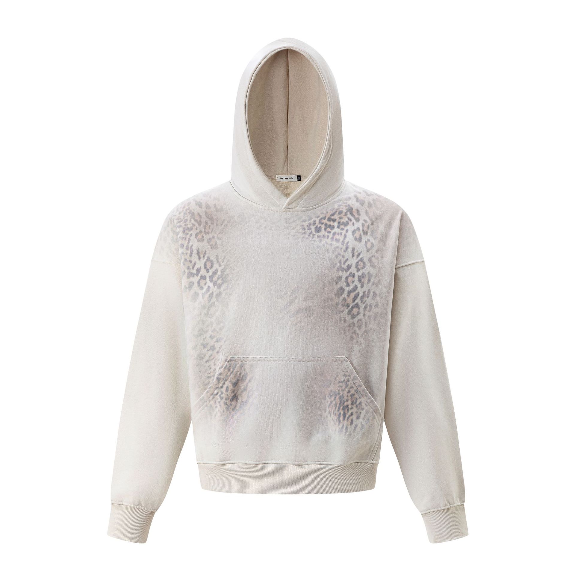 Leopard Print Hooded Pullover Sweatshirt, Gradient Washed Cropped Loose Drop Shoulder Top for Unisex — image 3