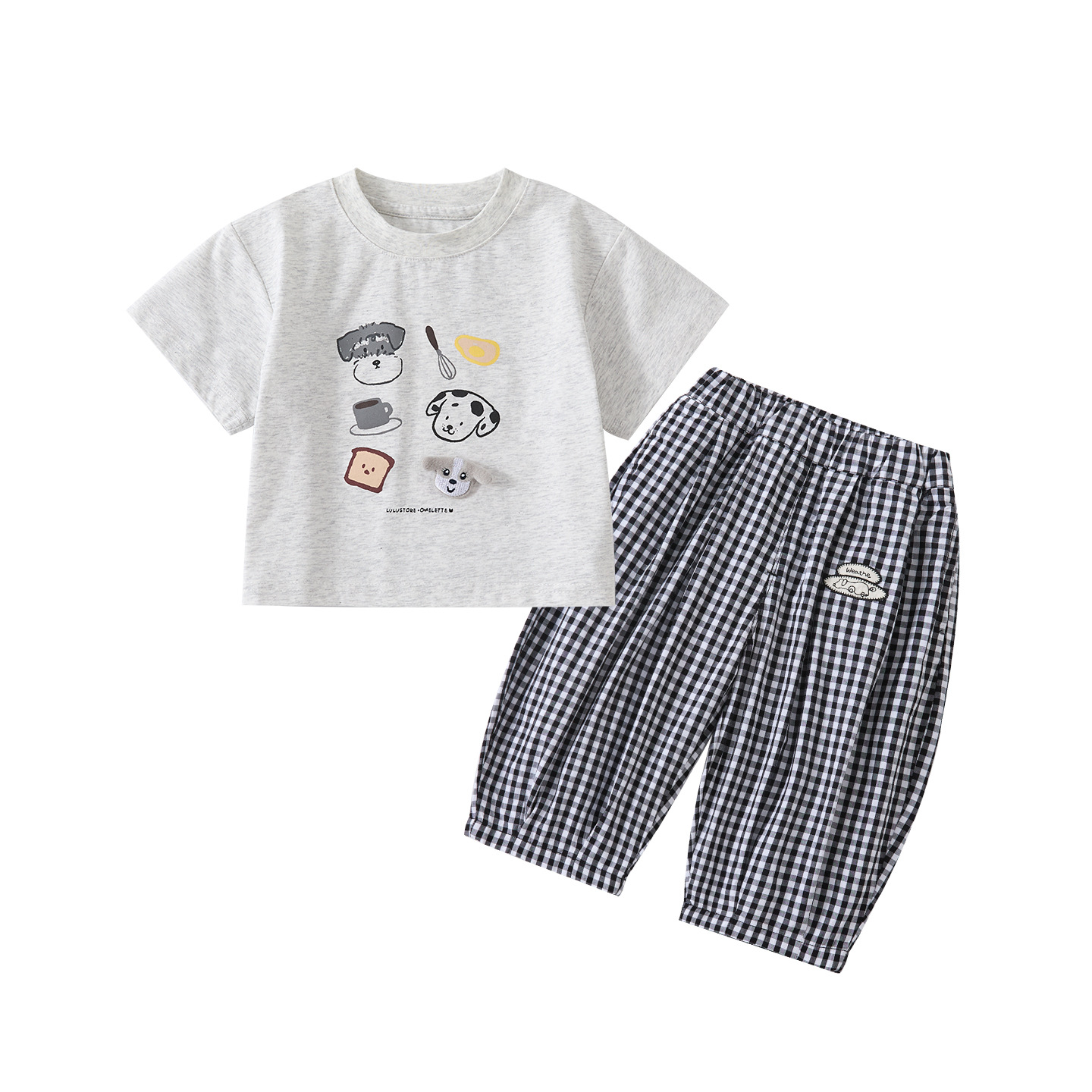 Cartoon Dog Print Short Sleeve Top Lightweight Checkered Cuffed Pants 2-Piece Set for Baby Boys — image 2
