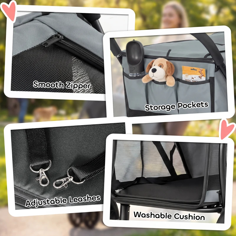 Carrito De 3 Ruedas Para Perros Con Plegado Fácil, Ventilación, Malla Y Almohada Lavable, Para Perros Medianos, Gris — imagen 9