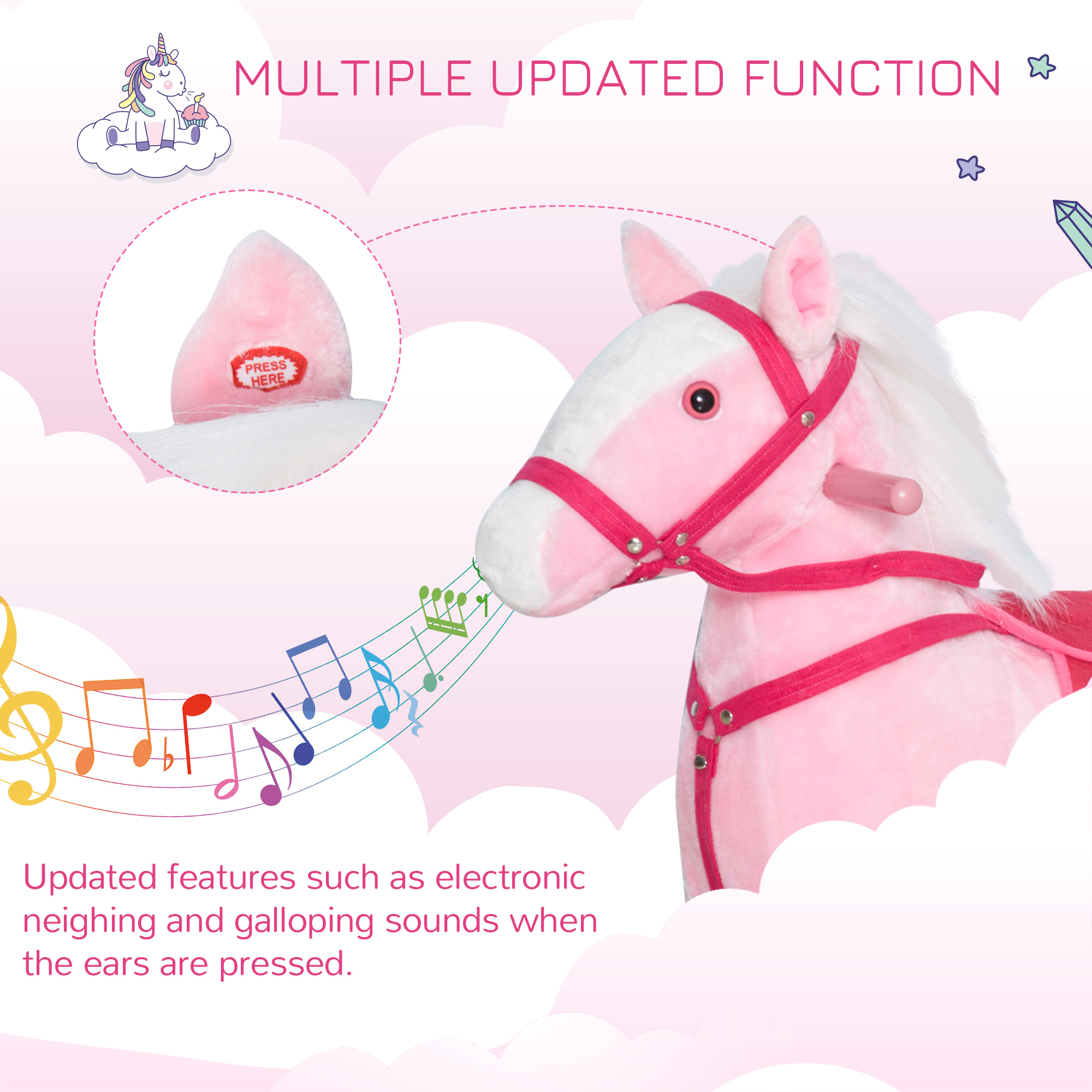 Kids Plush Toy Rocking Horse Pony Toddler Ride on Animal Rocker with Realistic Sounds, Birthday Gifts for Girls, Pink — image 2