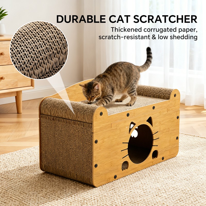 Sofá Rascador para Gatos en Forma de Bigotes, Cama de Madera con Rascador Superior y Espacio Privado Inferior, Cuidado de Uñas y Juguete para Descansar — imagen 6