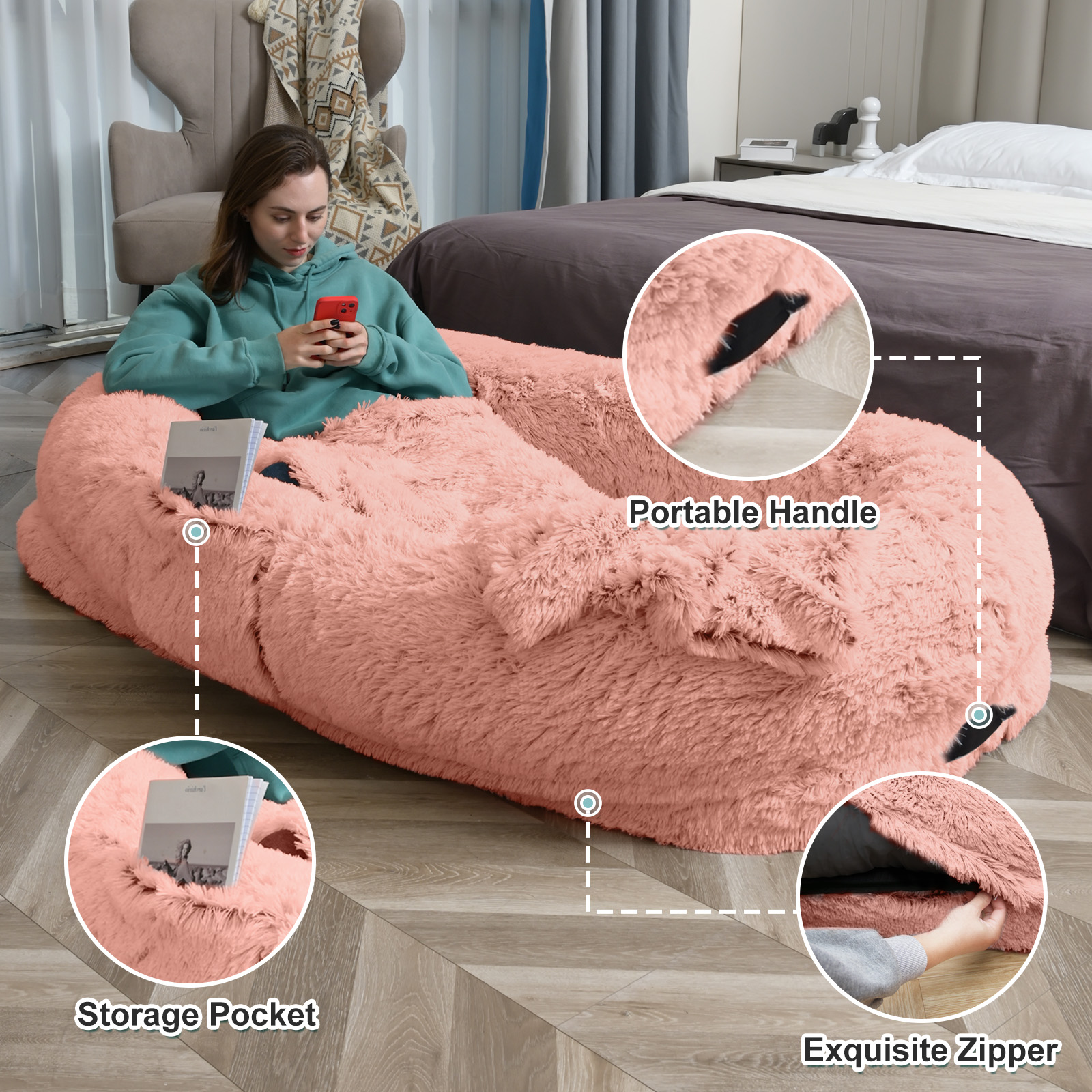 Cama para Humanos y Mascotas - 63'' x 31.4'' x 9.5'' Caja de Descanso con Felpa Sintética Lavable, Soporte Óptimo, Incluye Almohada &amp; Edredón — imagen 5