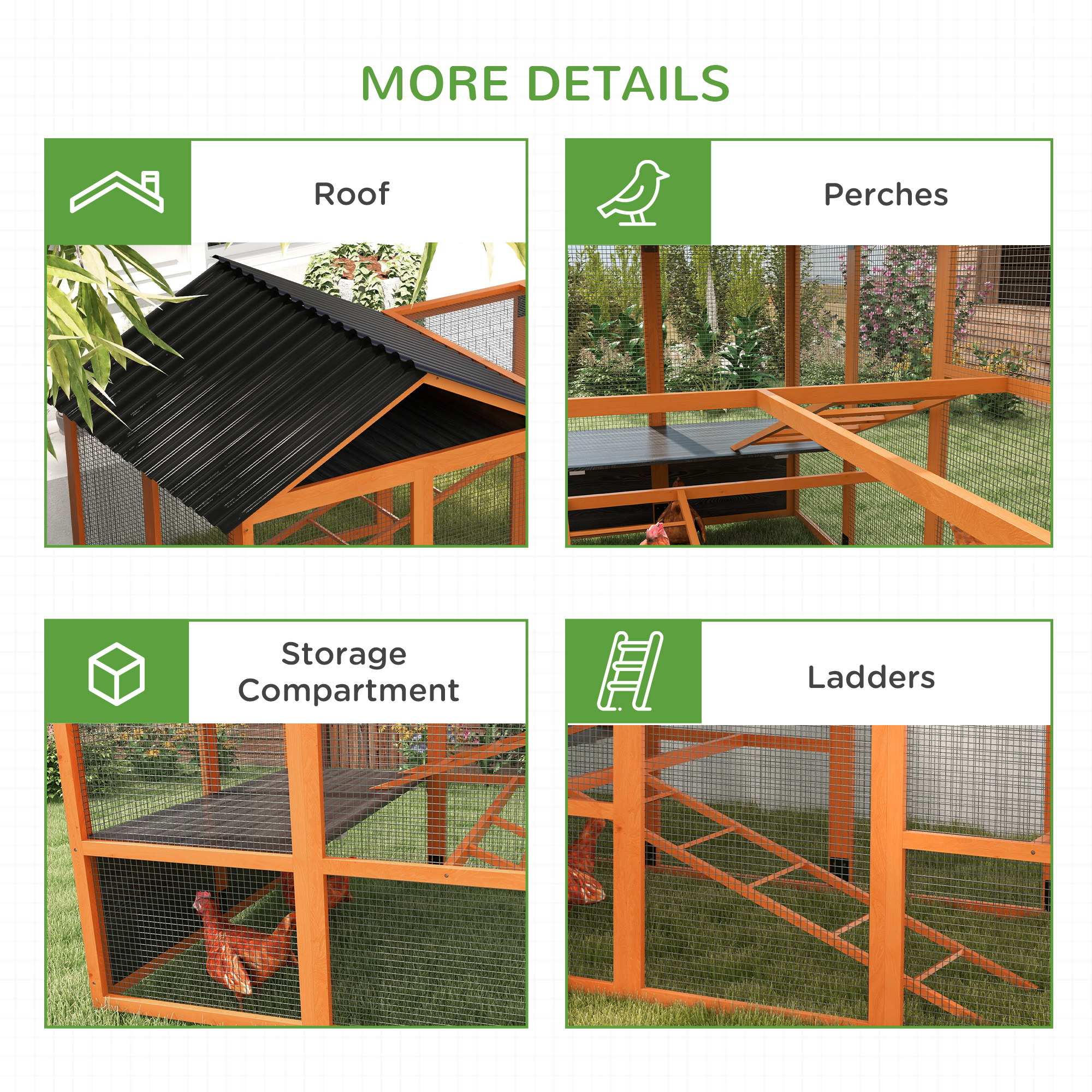 Casa de Pollos en Madera para 6-10 Gallinas - Corral Adicional con Almacenamiento, Perchas, 141.75" x 48" x 61", Naranja — imagen 6