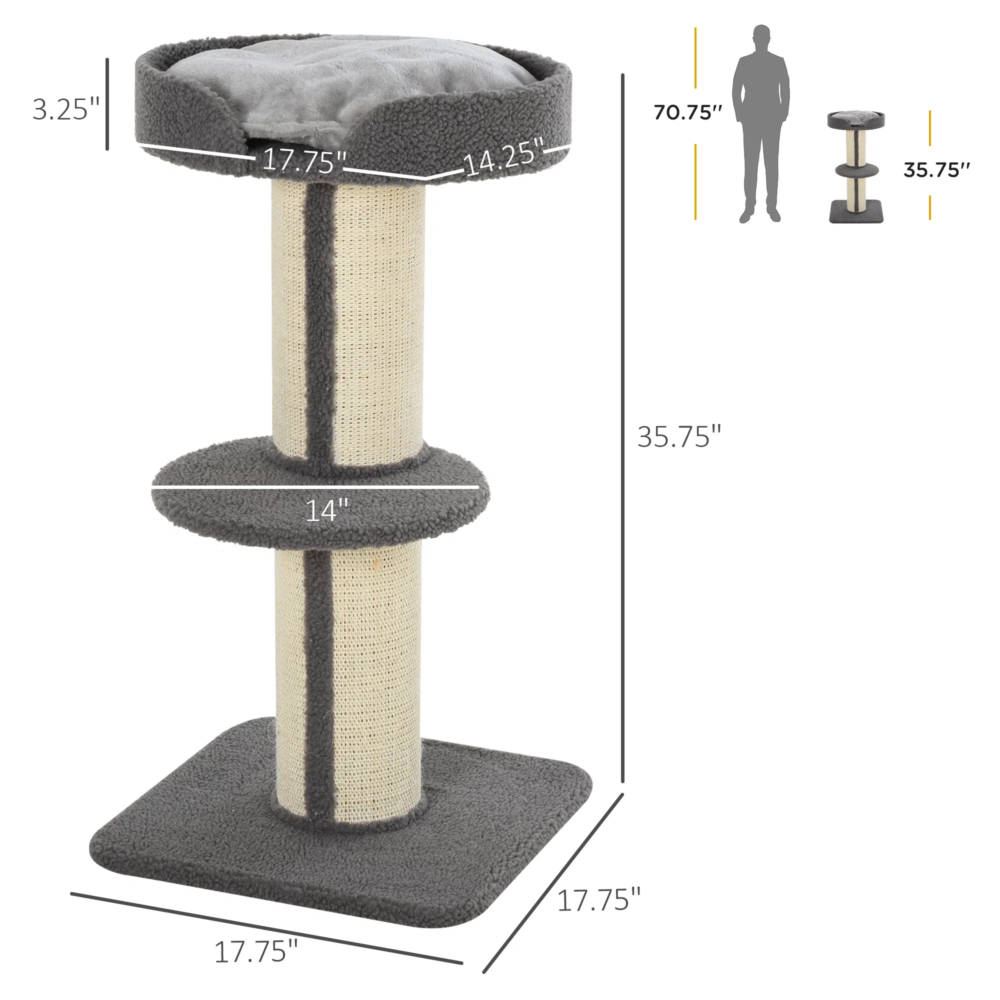 Cat Tree Kitty Tower with Sisal Mat Scratching Post, Cat Bed, Cushion, Perch, 18" x 18" x 36", Grey — image 3