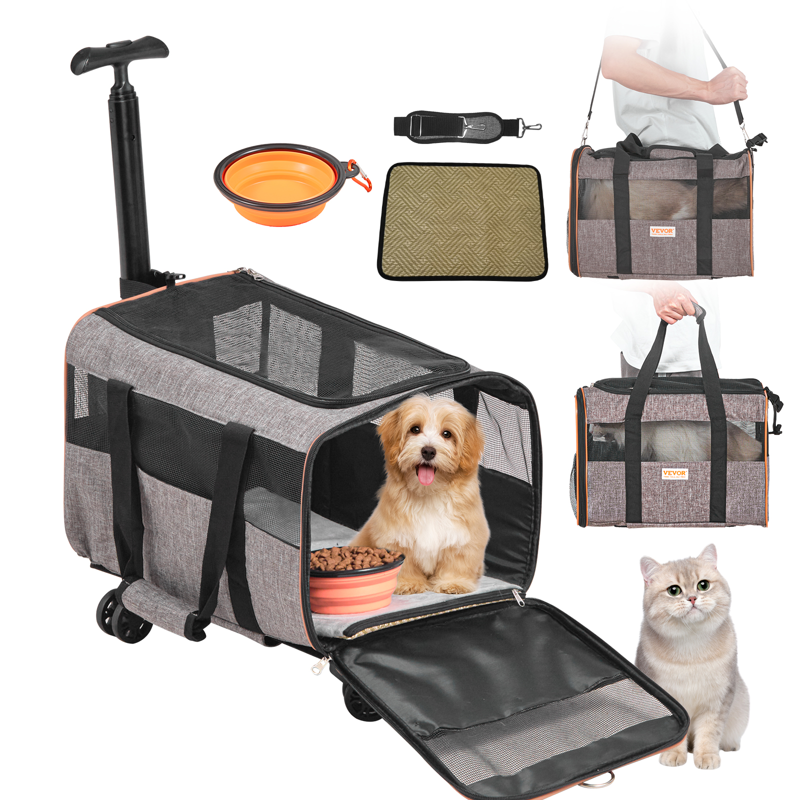 Porta Mascotas VEVOR con Ruedas, Aprobado para Aviación - Transportador de Animales con Manija Telescopica y Cinturón Hombro, Porta Perros con Ruedas para Mascotas hasta 10 kg, Con 1 Tazón Plegable, Gris — imagen 1