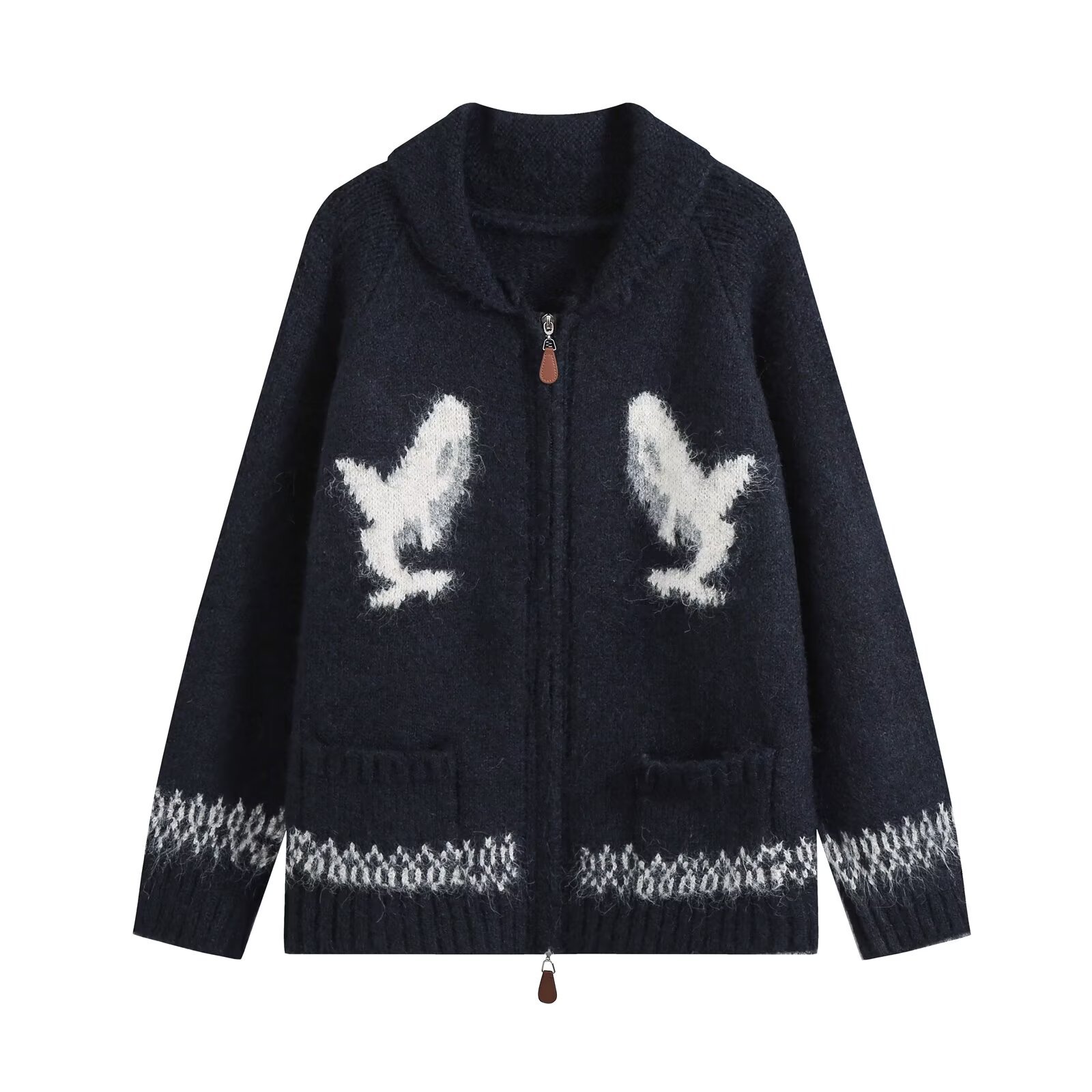 Double zipper shark jacquard embroidered knitted sweater jacket for women — image 4