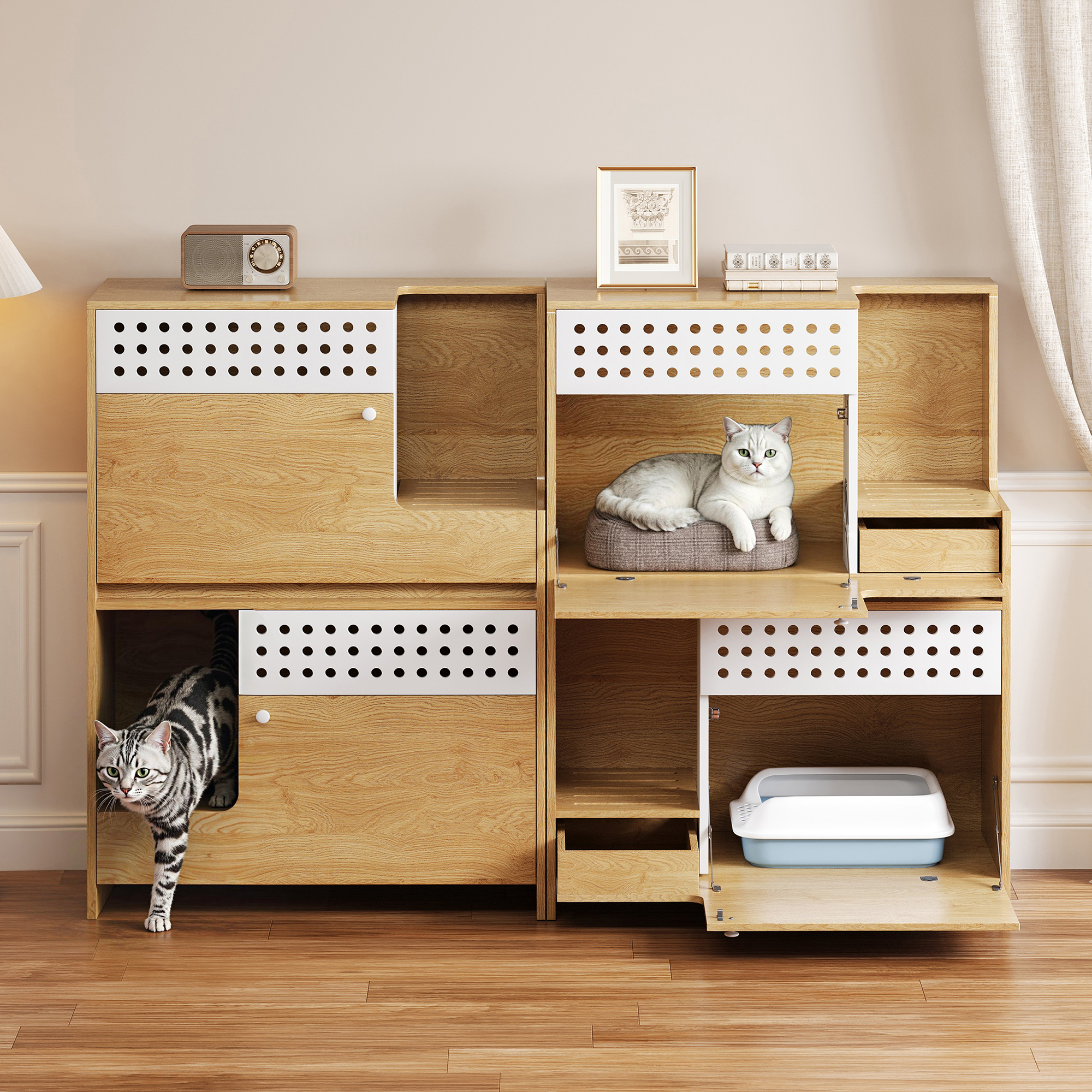 2-Piece Modern 2 IN 1 Cat Furniture Set, Cat Litter Box Enclosure Side Table, Cat House With Storage, For 2 Small-Medium Sized Cats - NATURAL — imagen 3