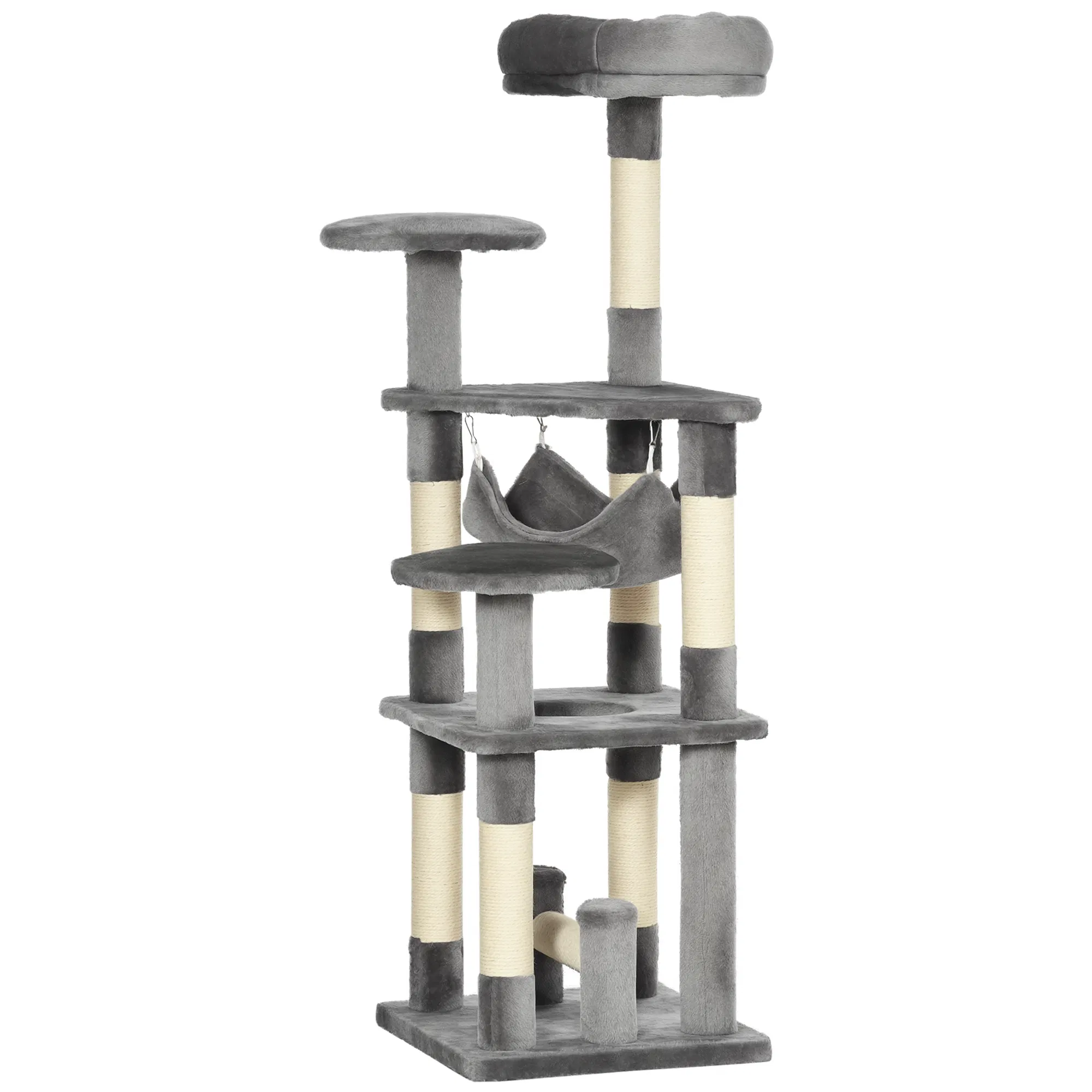 52" Multi-Level Cat Tree Tower, Kitten Scratcher Activity Center Play House with Hammock - Grey — image 1