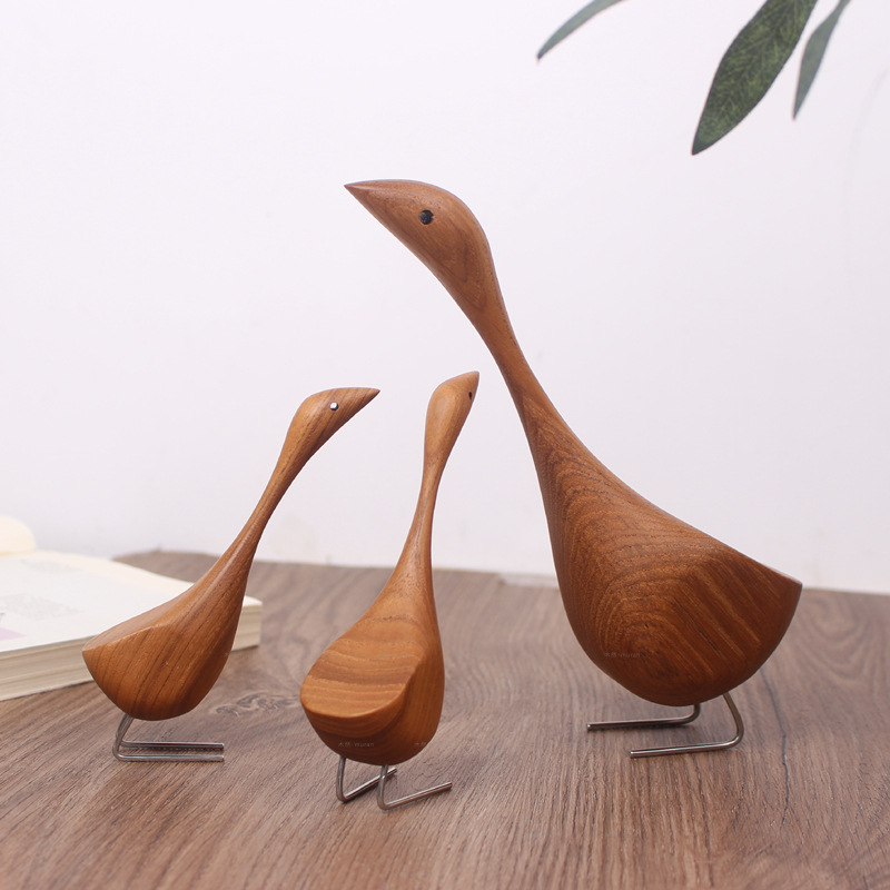 Swan Wooden Figurine Creative Desktop Home Decor Wood Carved Goose Craft Carving Nordic Figurine — image 3