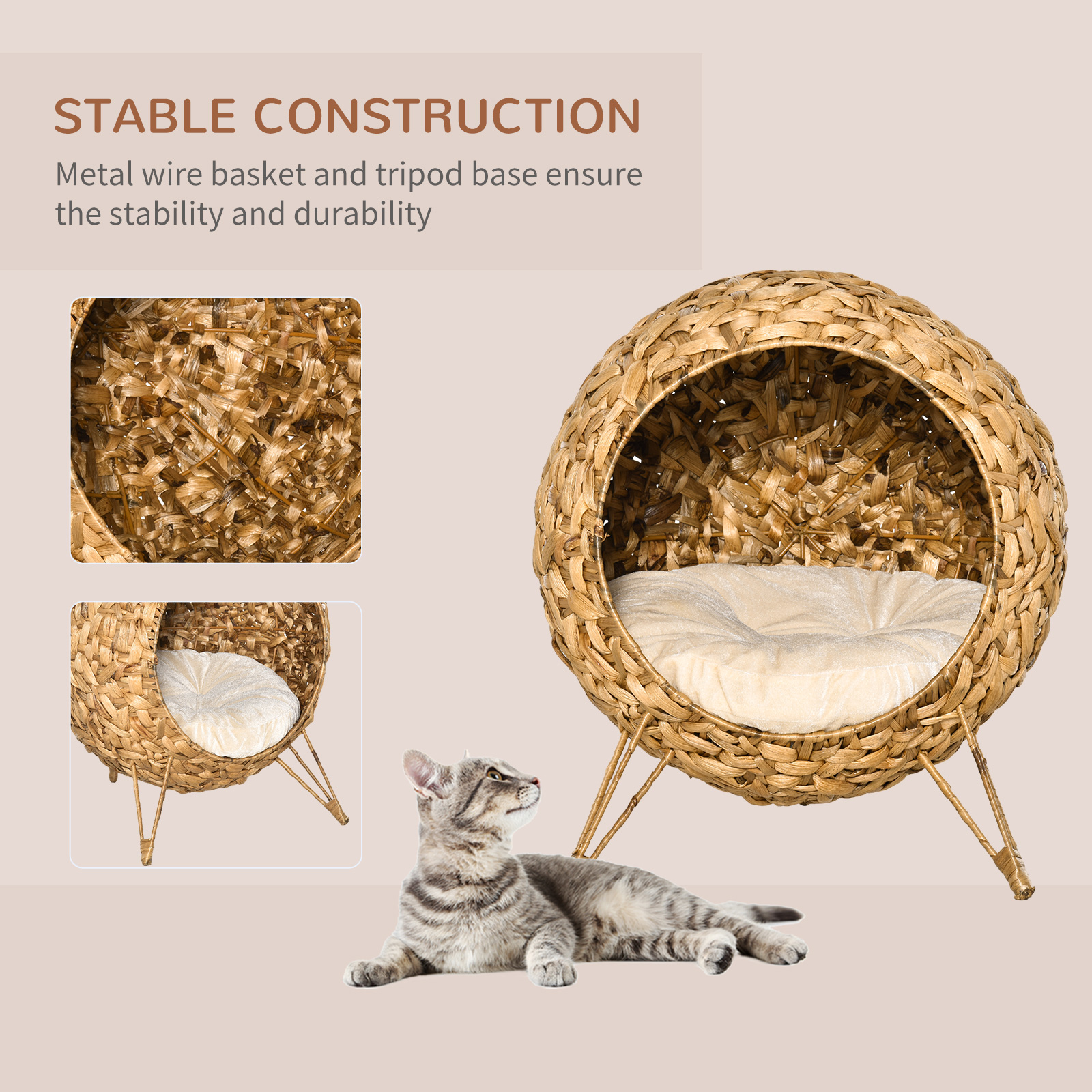 Cama para Gatos Tejida de 20.5", Casa Elevada para Gatitos Tejida a Mano con Hoja de Banano Trenzada, con Cojín, Natural — imagen 4