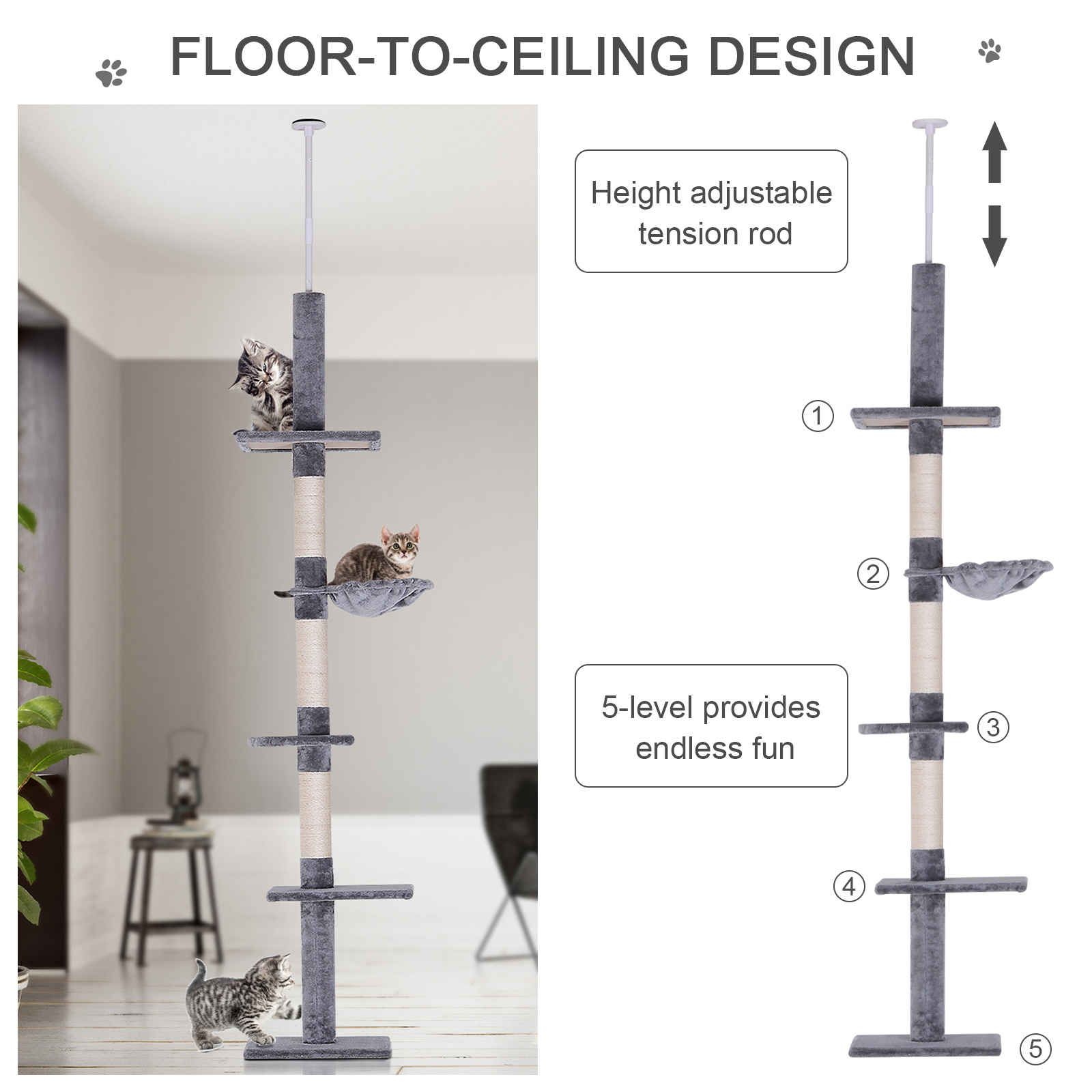 Árbol de Gato de 102" con Altura Ajustable, 5 Niveles con Postes para Rasgar y Hamaca, Gris — imagen 4
