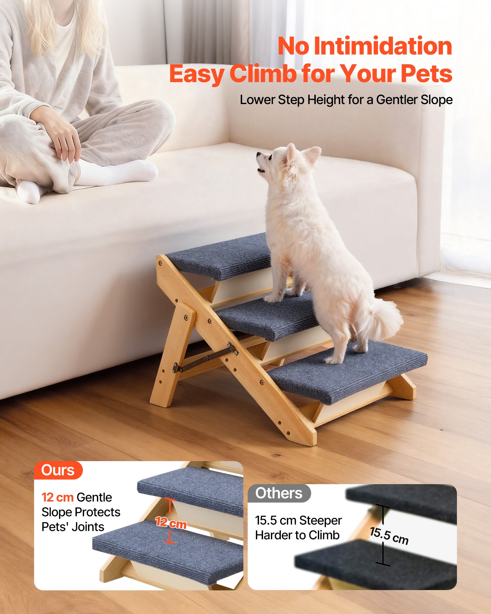 Wood Pet Stairs, 3-Step Dog Stairs For Beds, Sofa & Cars, 150lbs Load Capacity, Floded Flat Design, Stable & Sturdy Cat & Dog Step Ladder For Small Medium Large Older Pet Puppy — image 5