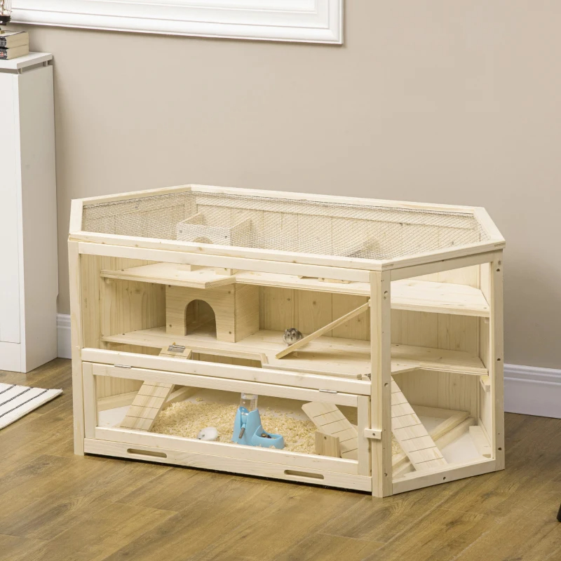 Wooden Large Hamster Cage Small Animal Exercise Play House 3 Tier With Tray, Seesaws, Water Bottle, Activity Center, Natural — image 11