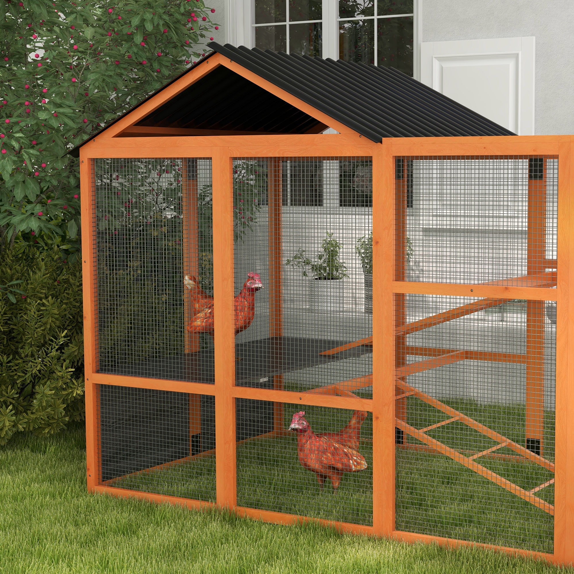 Casa de Pollos en Madera para 6-10 Gallinas - Corral Adicional con Almacenamiento, Perchas, 141.75" x 48" x 61", Naranja — imagen 8