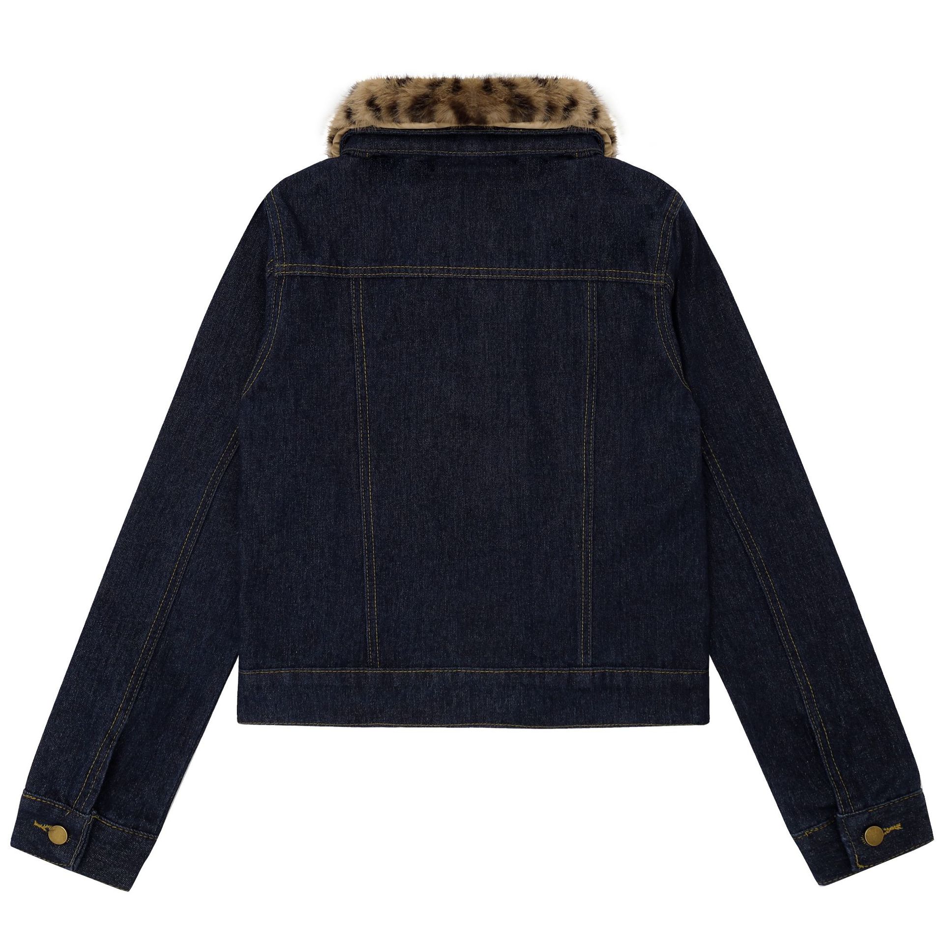 Women's Raw Indigo Denim Jacket Double-Breasted Stand Collar Detachable Leopard Print Fur Collar Petite Friendly — image 4