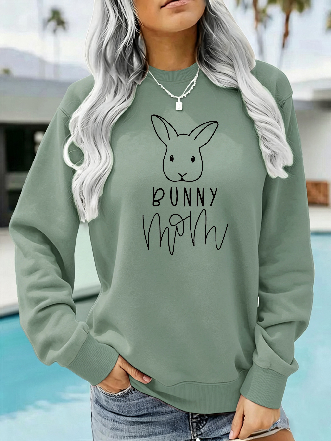 Rabbit and letter printed round neck fleece hoodie — image 9