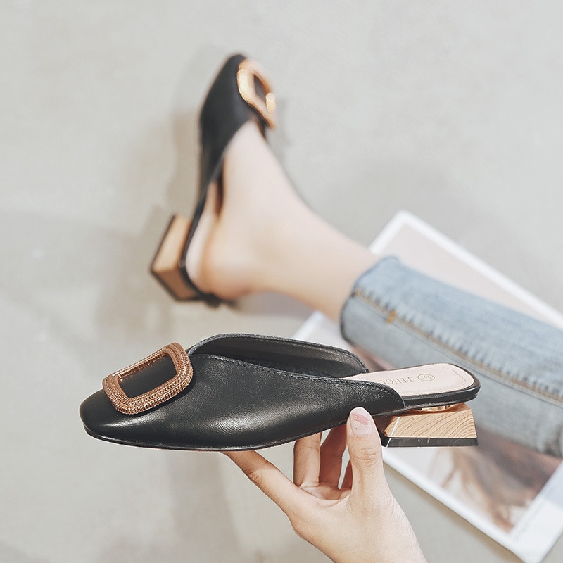Designer Women Pumps Slippers Slip on Mules Low Heel Casual Shoes British Wooden Block Heels Summer Pumps Footwear — image 9