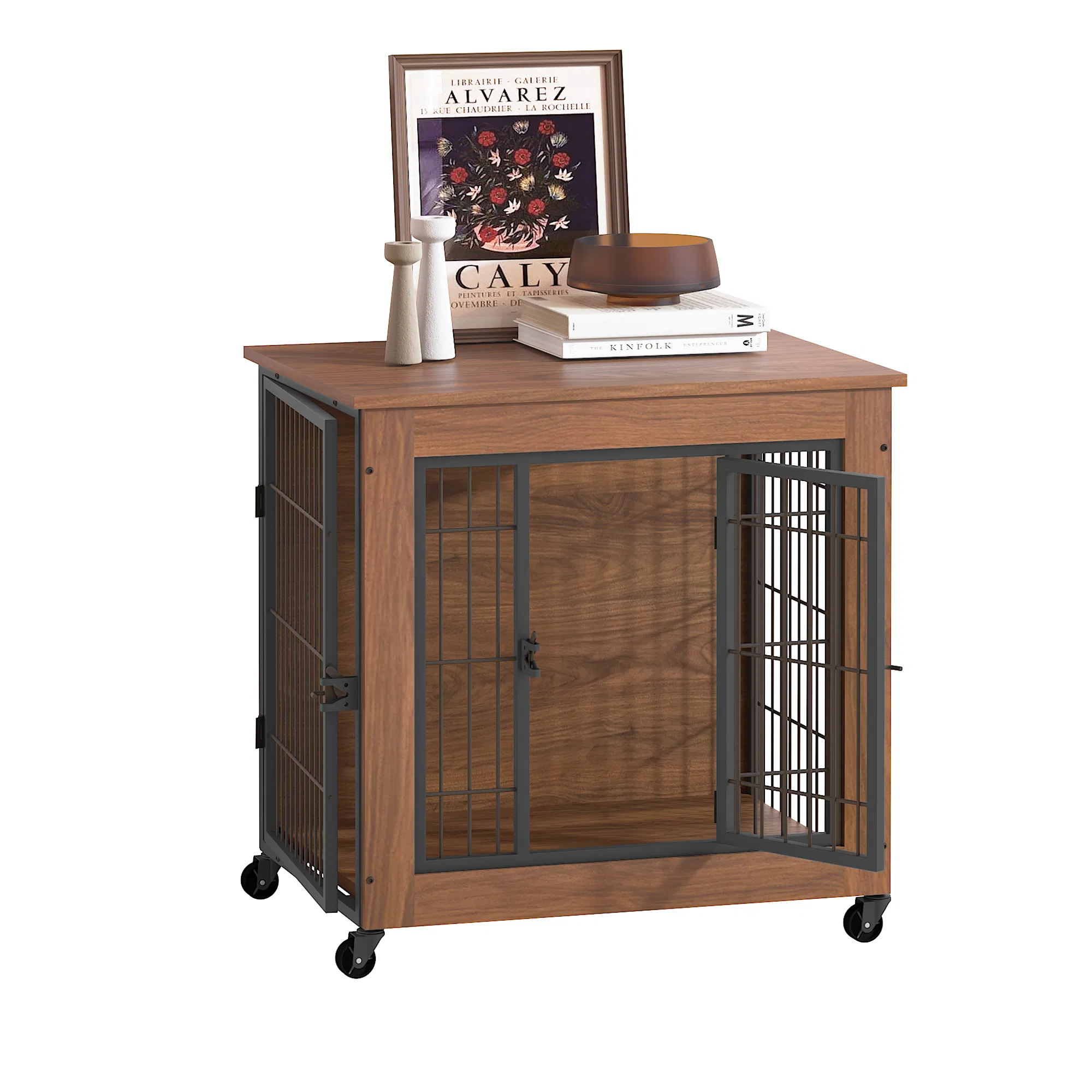 27.2" Dog Crate Furniture with Wheels for Small Dogs, Heavy Duty Dog Kennel Indoor with 2 Doors, Wooden Pet Cage End Table, Double-Doors Sturdy Metal Dog Cage for Anxiety Dog — image 3