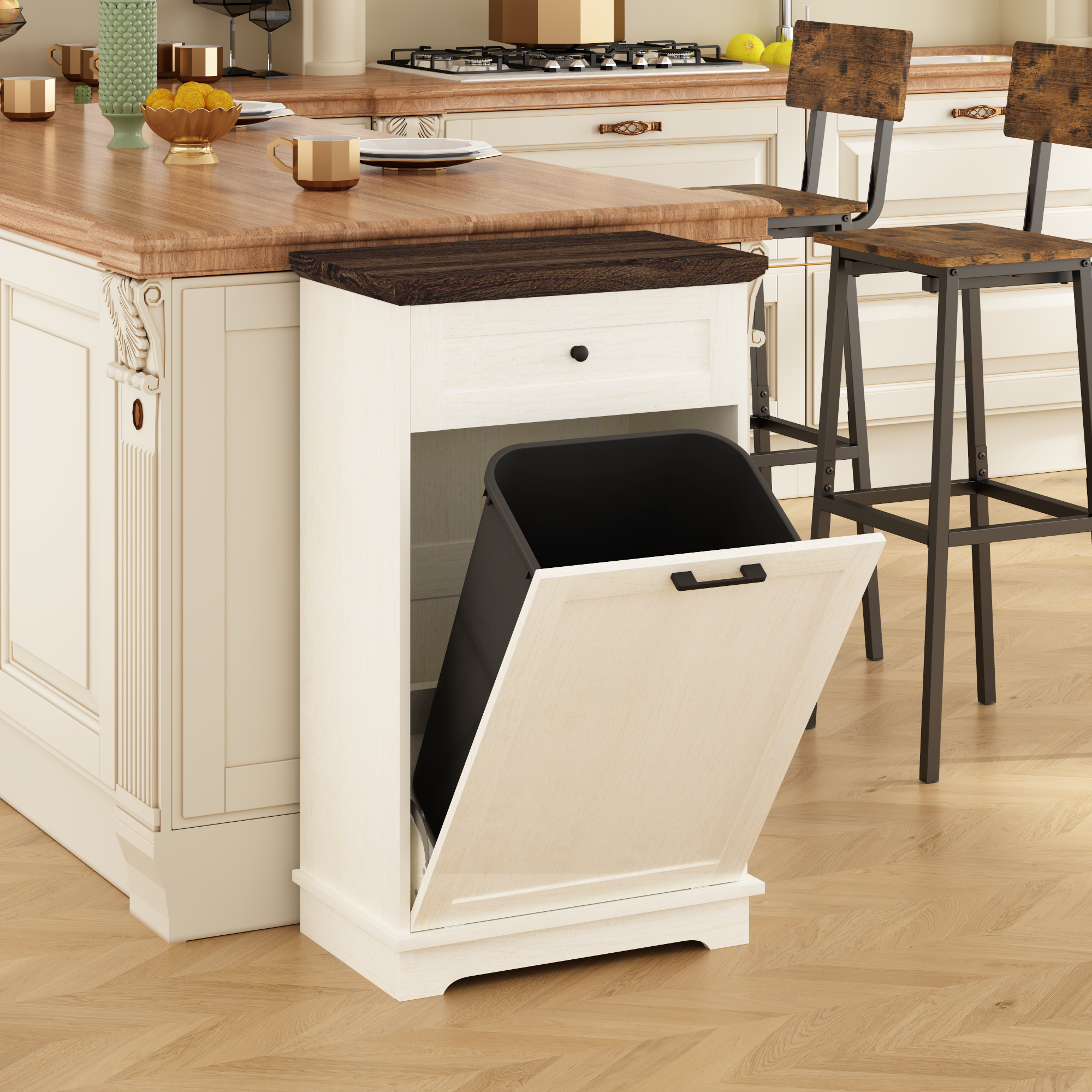 Mueble Basculante para Basurero de 10 Galones, Mueble Independiente para Bote de Basura, Mueble de Madera para Basura y Reciclaje con Cajón, a Prueba de Mascotas, para Cocina y Sala de Estar, Blanco Antiguo (No Incluye el Bote de Basura) — imagen 1