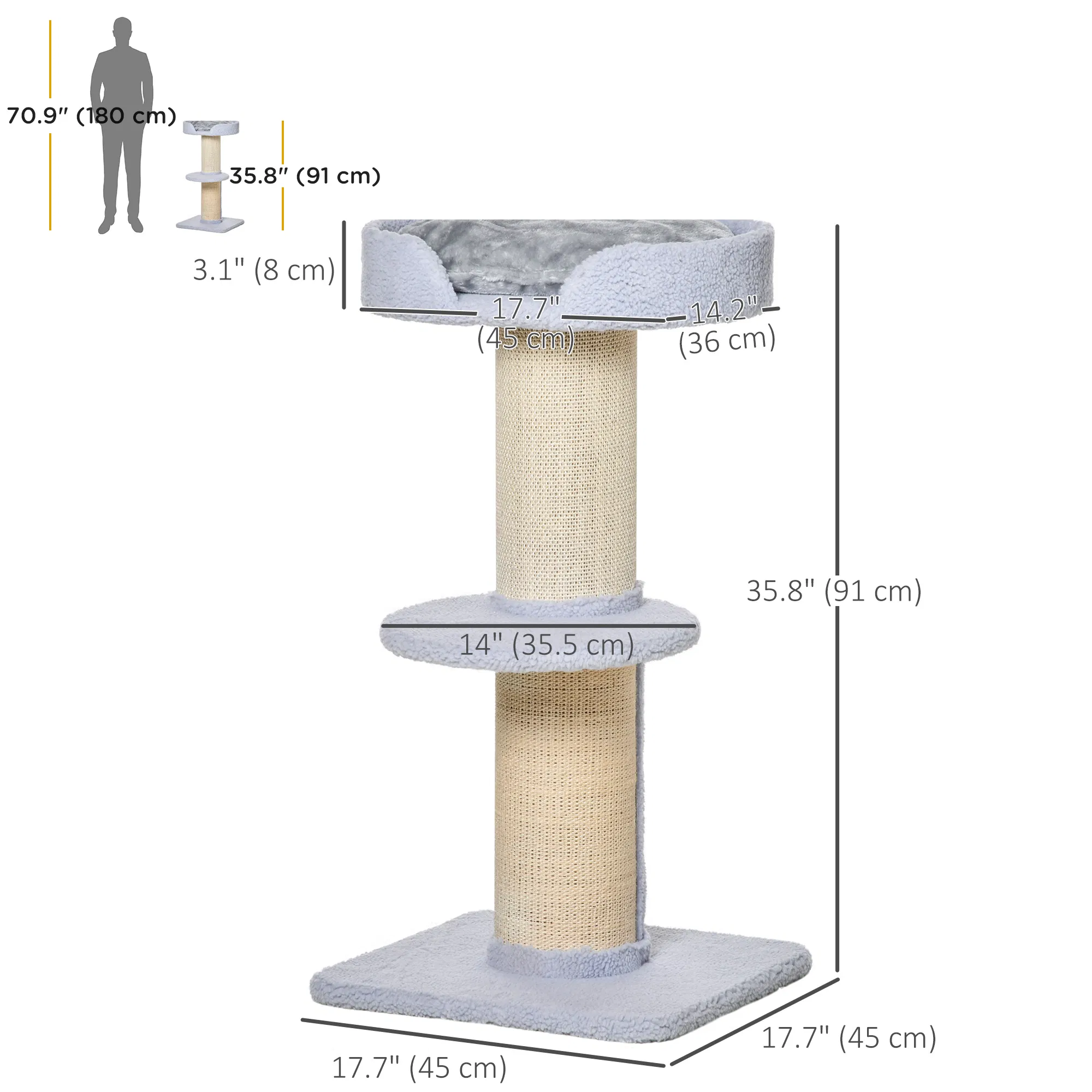 Cat Tree Kitty Tower with Sisal Mat Scratching Post, Cat Bed, Cushion, Perch, 18" x 18" x 36", Light Blue — image 4