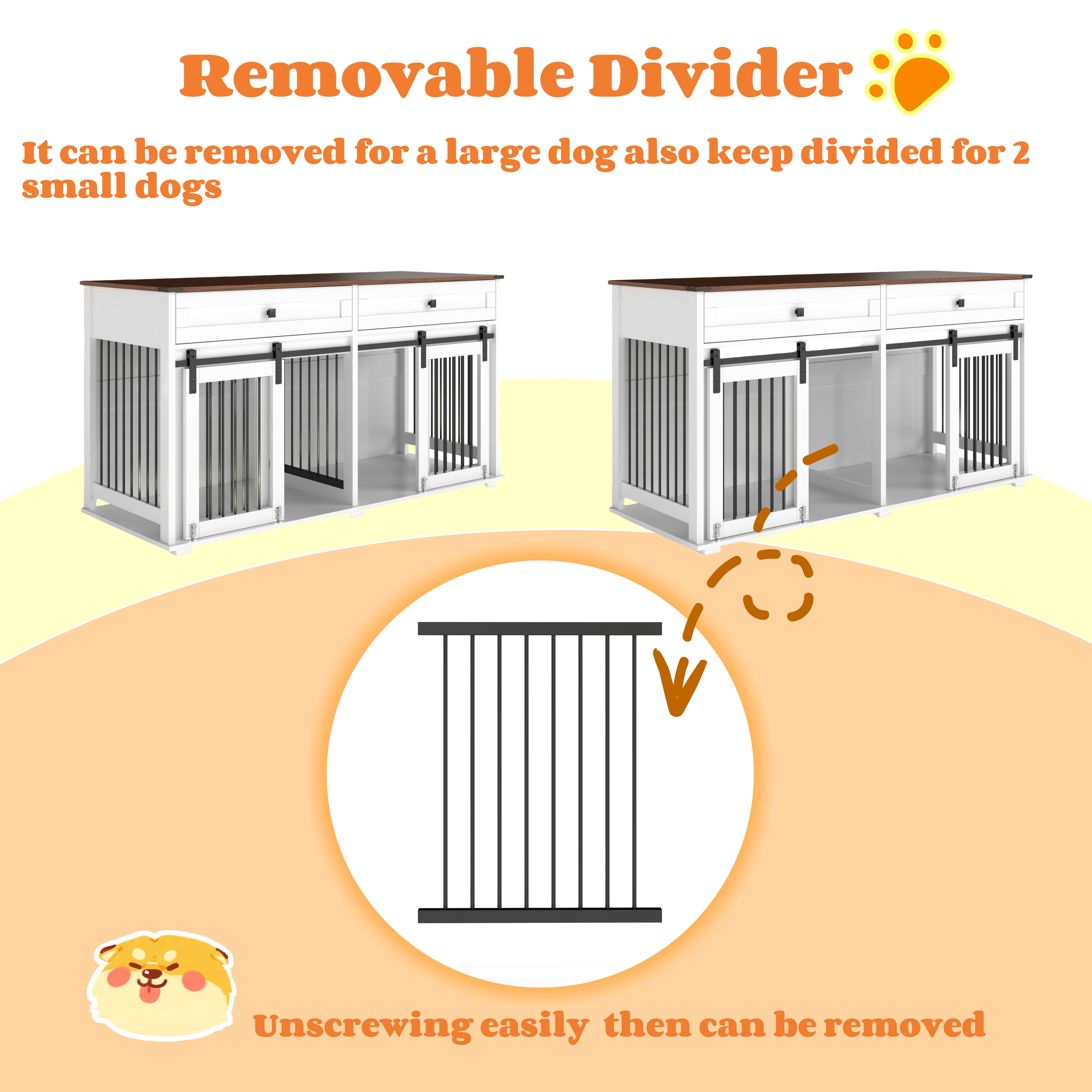 63'' Large Dog Crate Furniture For Double Dog, Wooden Dog Kennel With 2 Drawers, Divider And Sliding Door, Water Resistant Indoor Pets Furniture Style Double Dog Crates — image 5